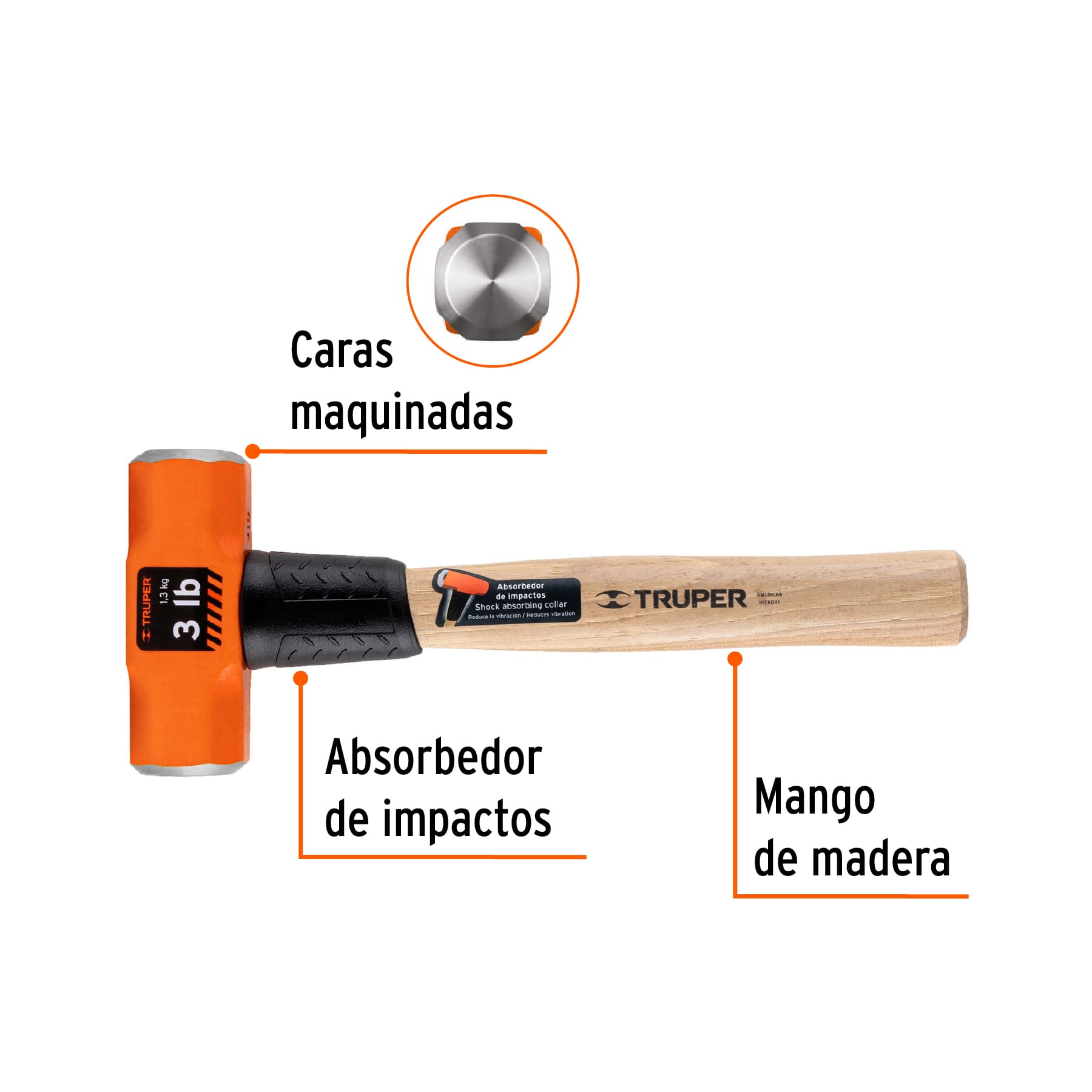 Marro octagonal 3 lb, mango de madera 12", TRUPER