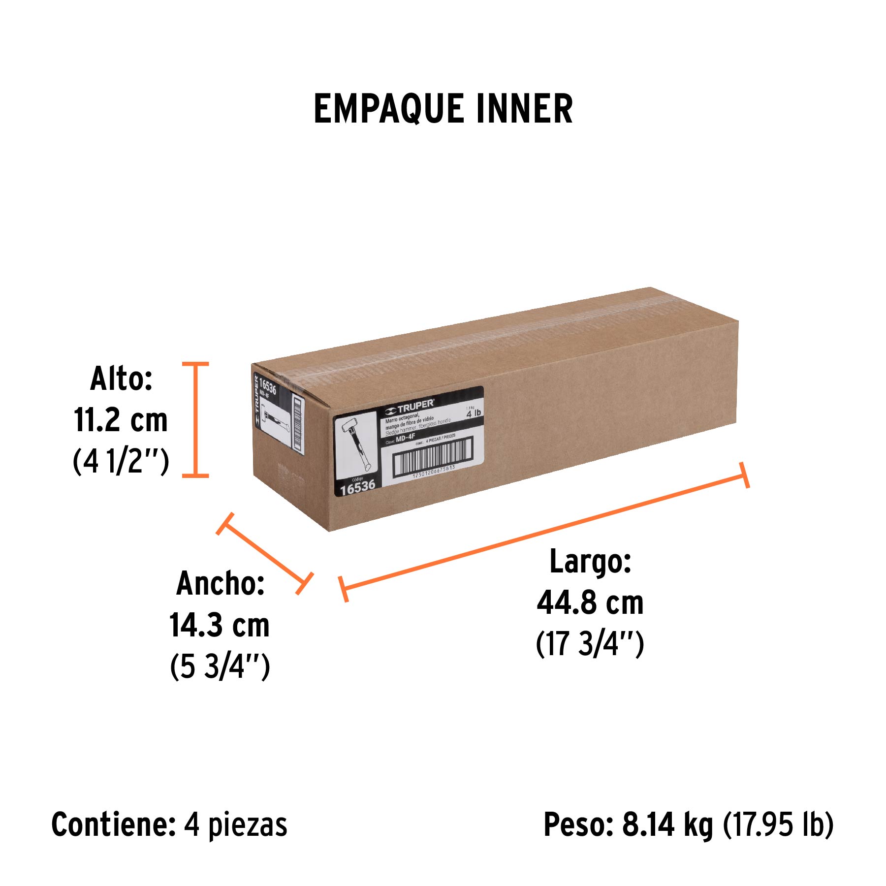 Marro octagonal 4 lb, mango de fibra de vidrio 14", TRUPER - Empaque