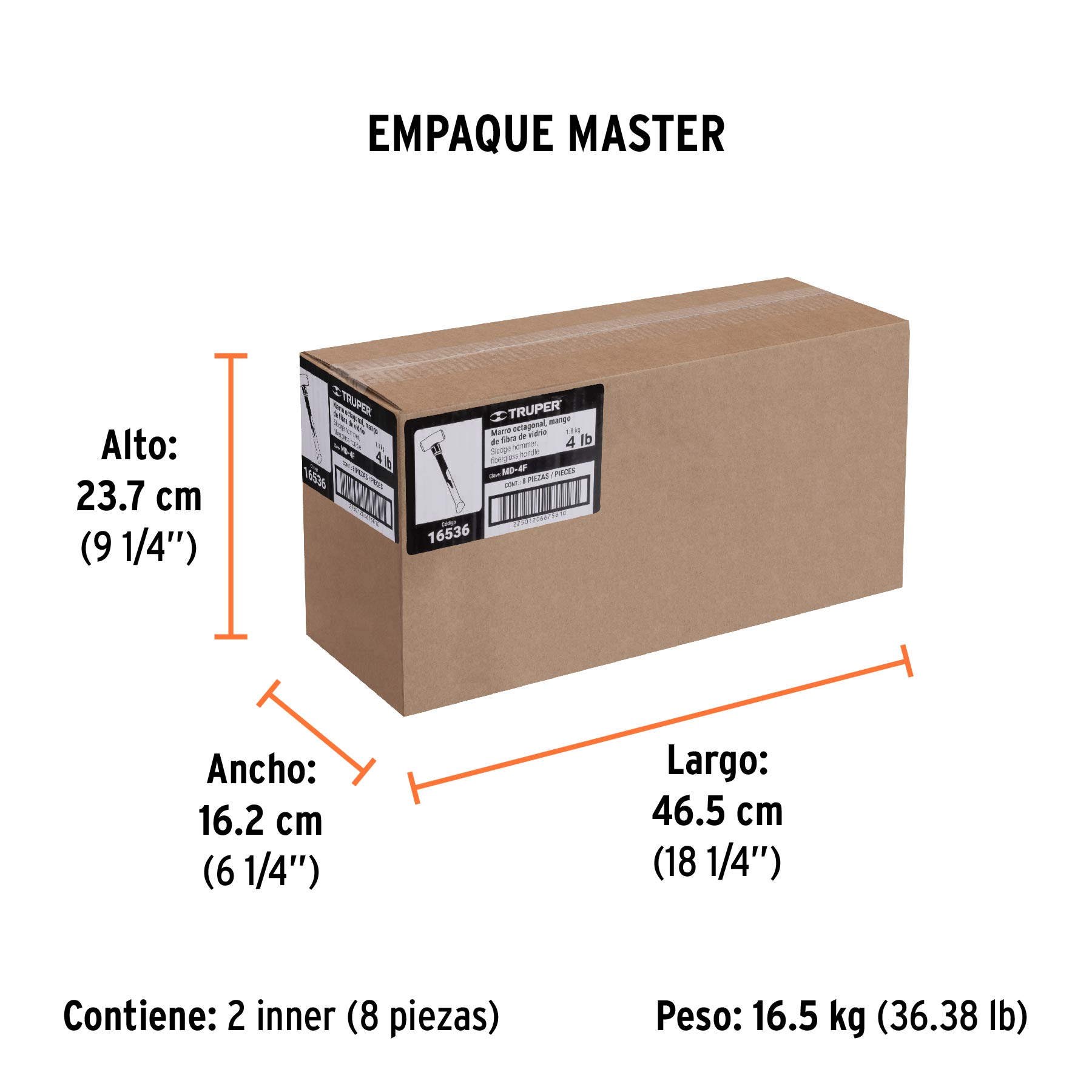Marro octagonal 4 lb, mango de fibra de vidrio 14", TRUPER - Empaque
