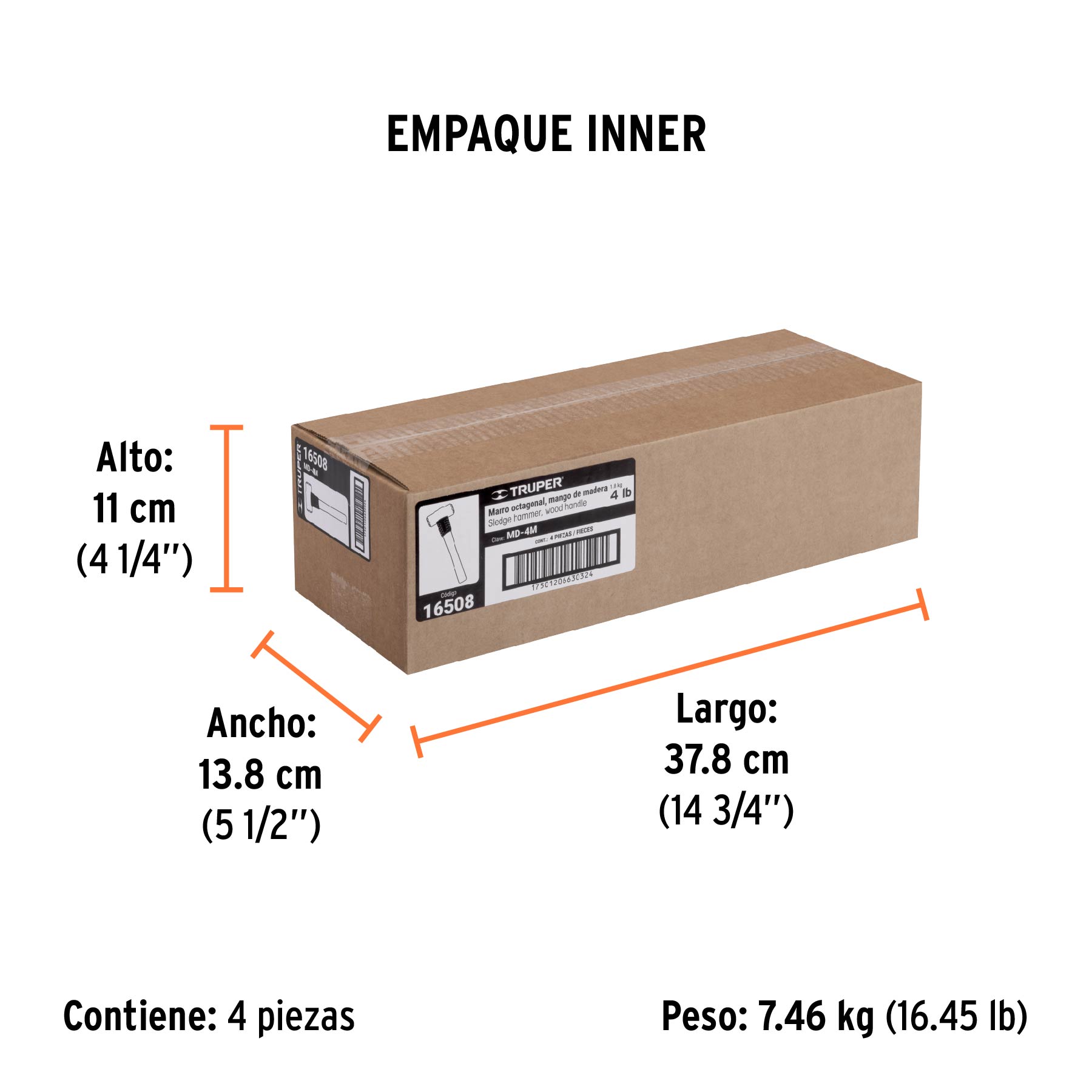Marro octagonal 4 lb, mango de madera 12", TRUPER - Empaque