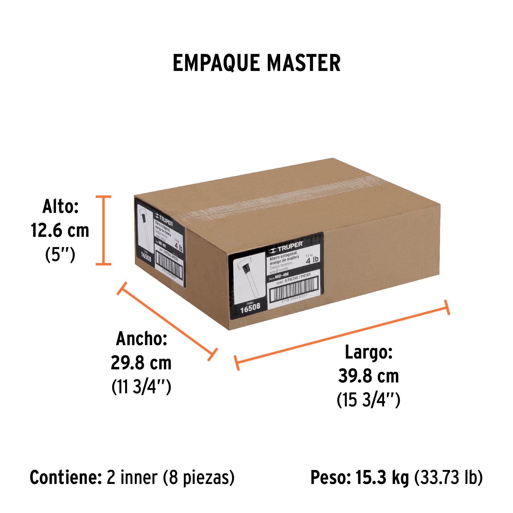 Marro octagonal 4 lb, mango de madera 12", TRUPER - Empaque