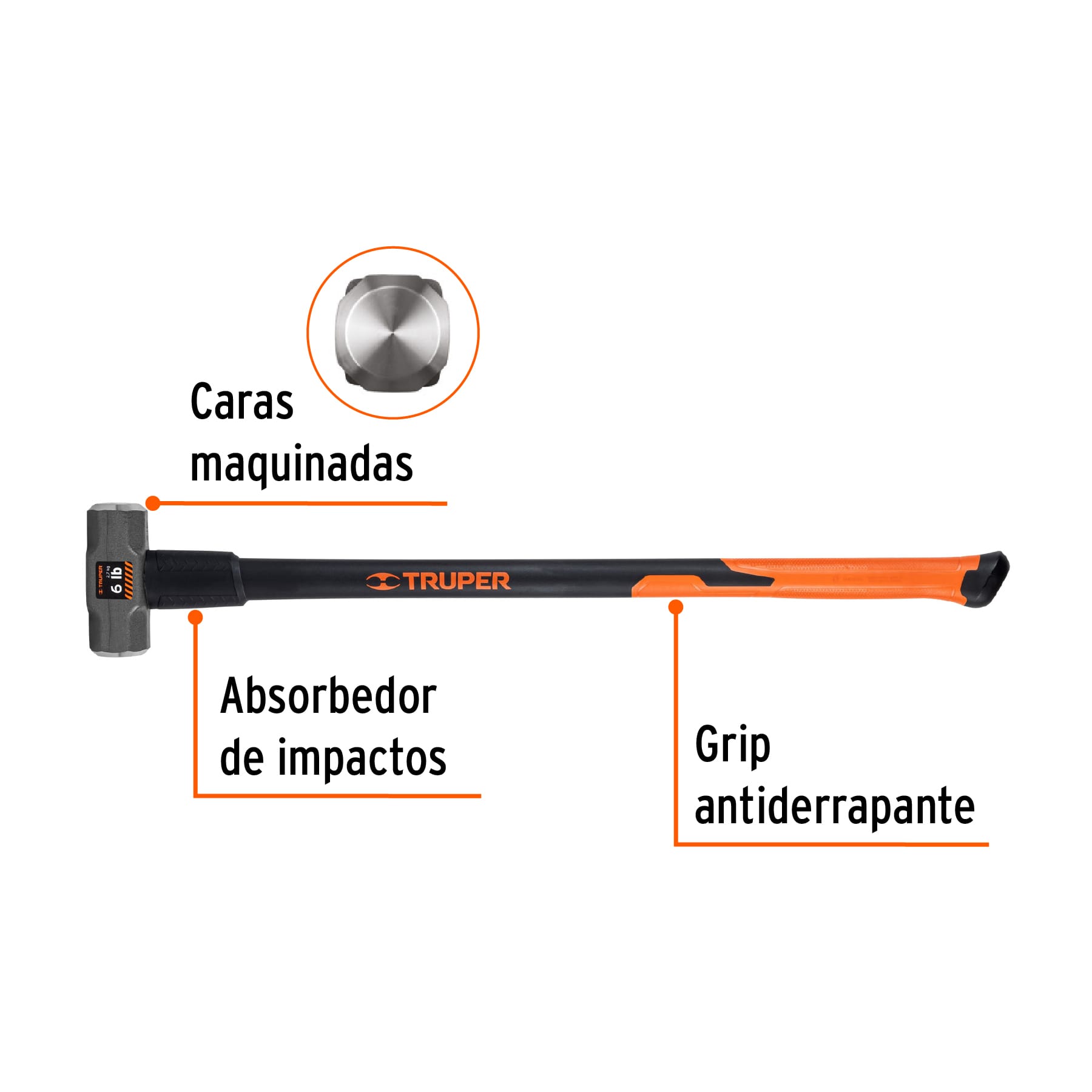 Marro octagonal 6 lb, mango fibra de vidrio 36", TRUPER