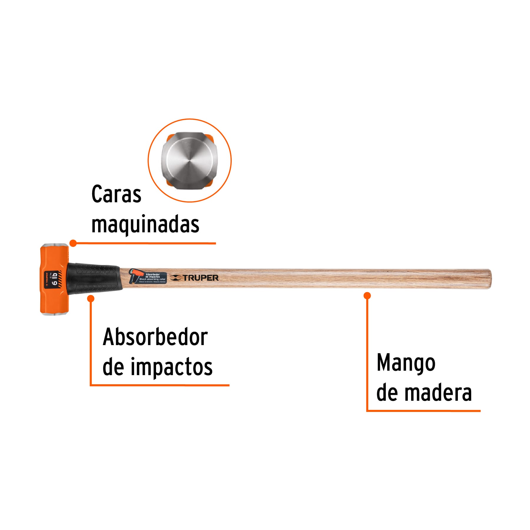 Marro octagonal 6 lb, mango de madera 36", TRUPER