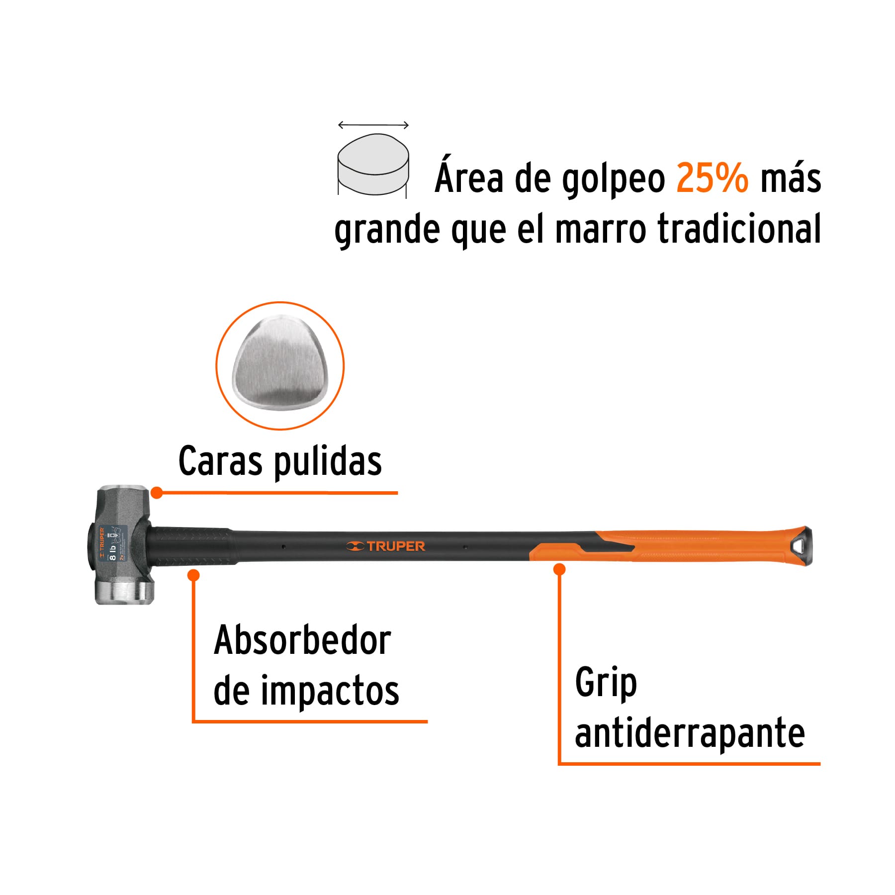 Marro de una cara amplia 8 lb, mango de fibra de vidrio 36"