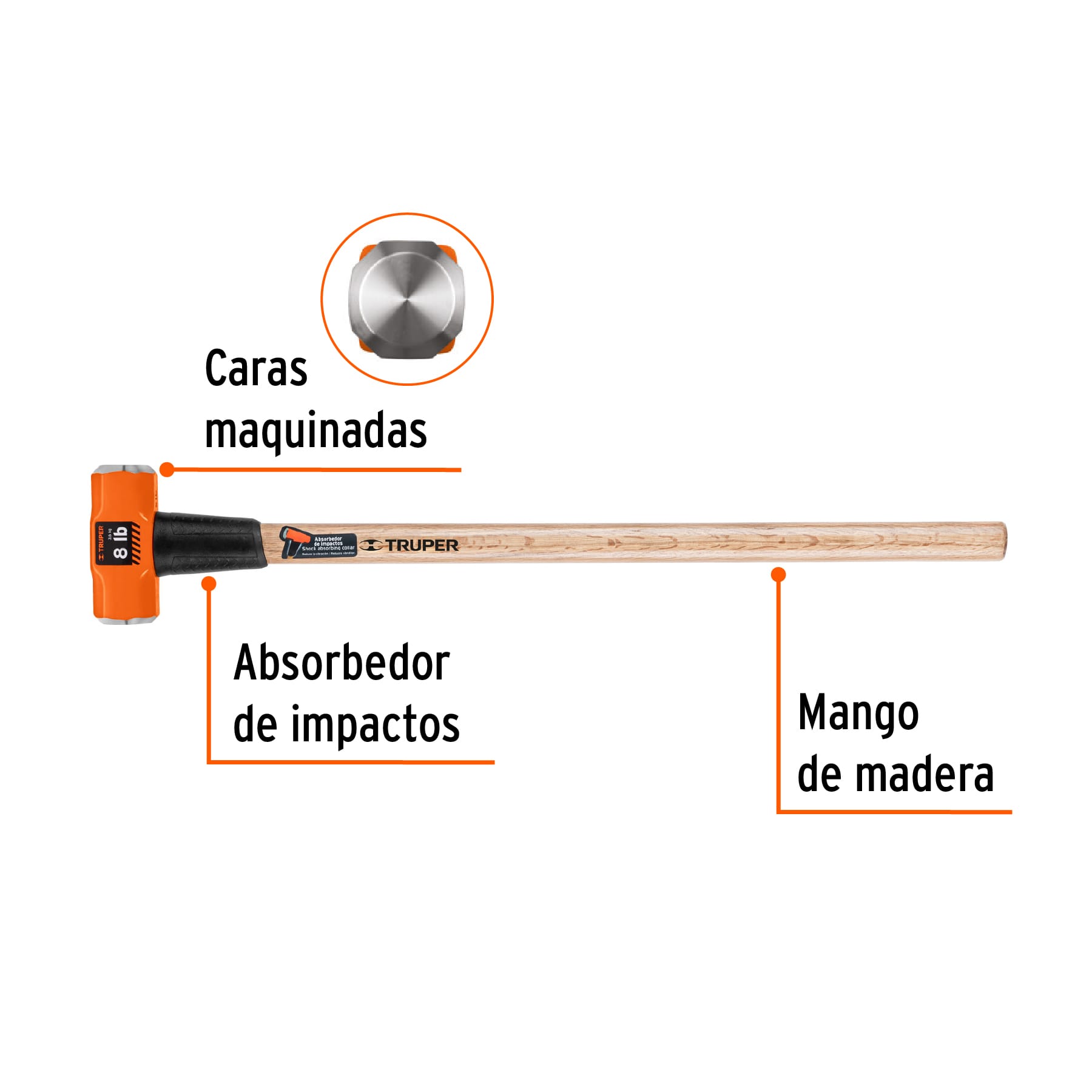 Marro octagonal 8 lb, mango de madera 36", TRUPER
