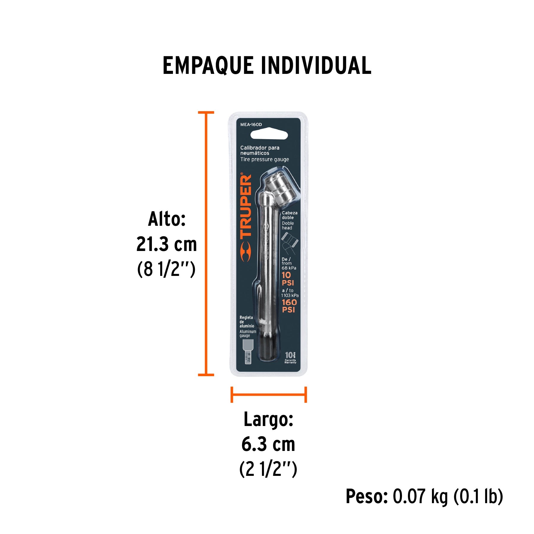 Calibrador de presión 160 psi cabeza doble, TRUPER - Empaque