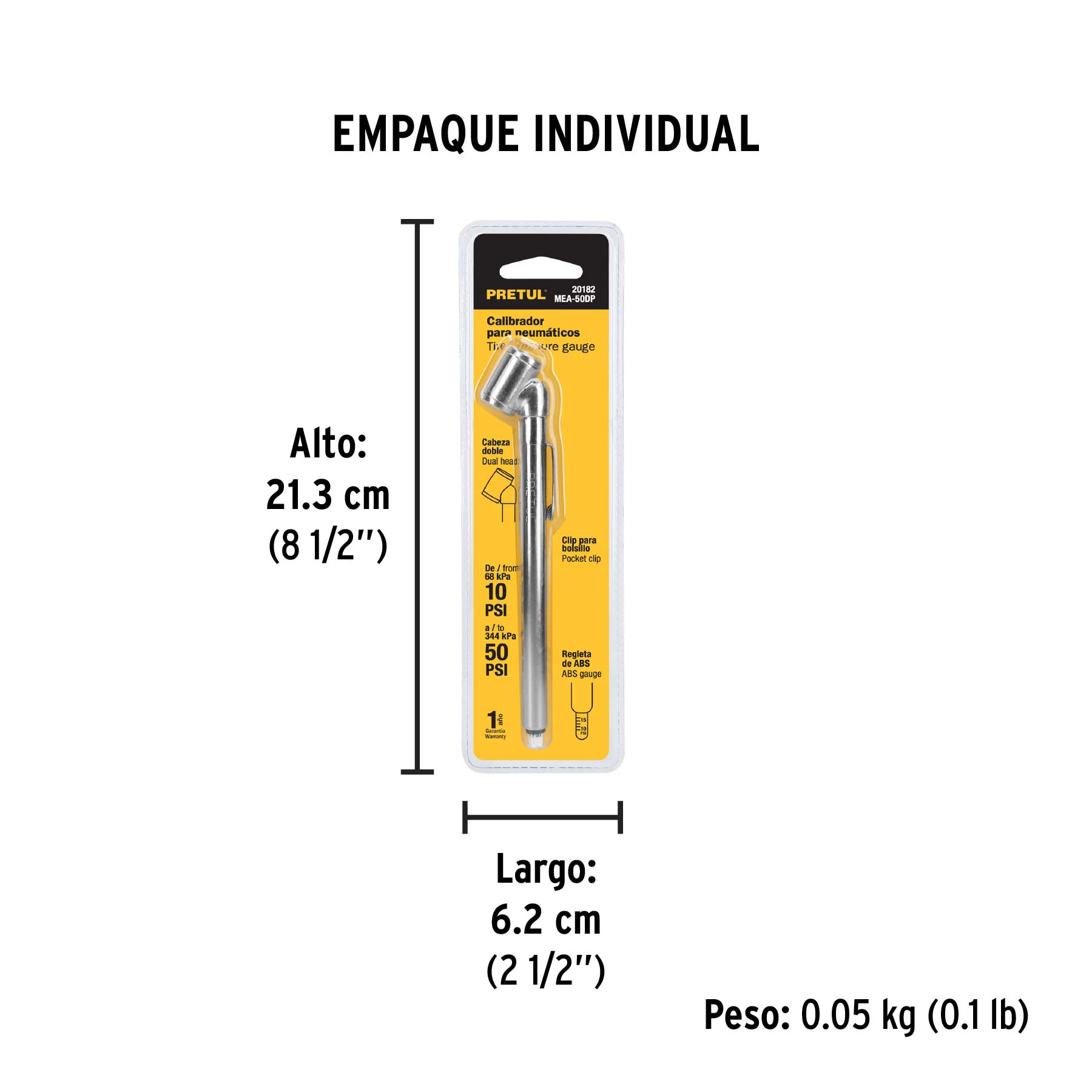 Calibrador de presión 50 psi, cabeza doble, PRETUL - Empaque