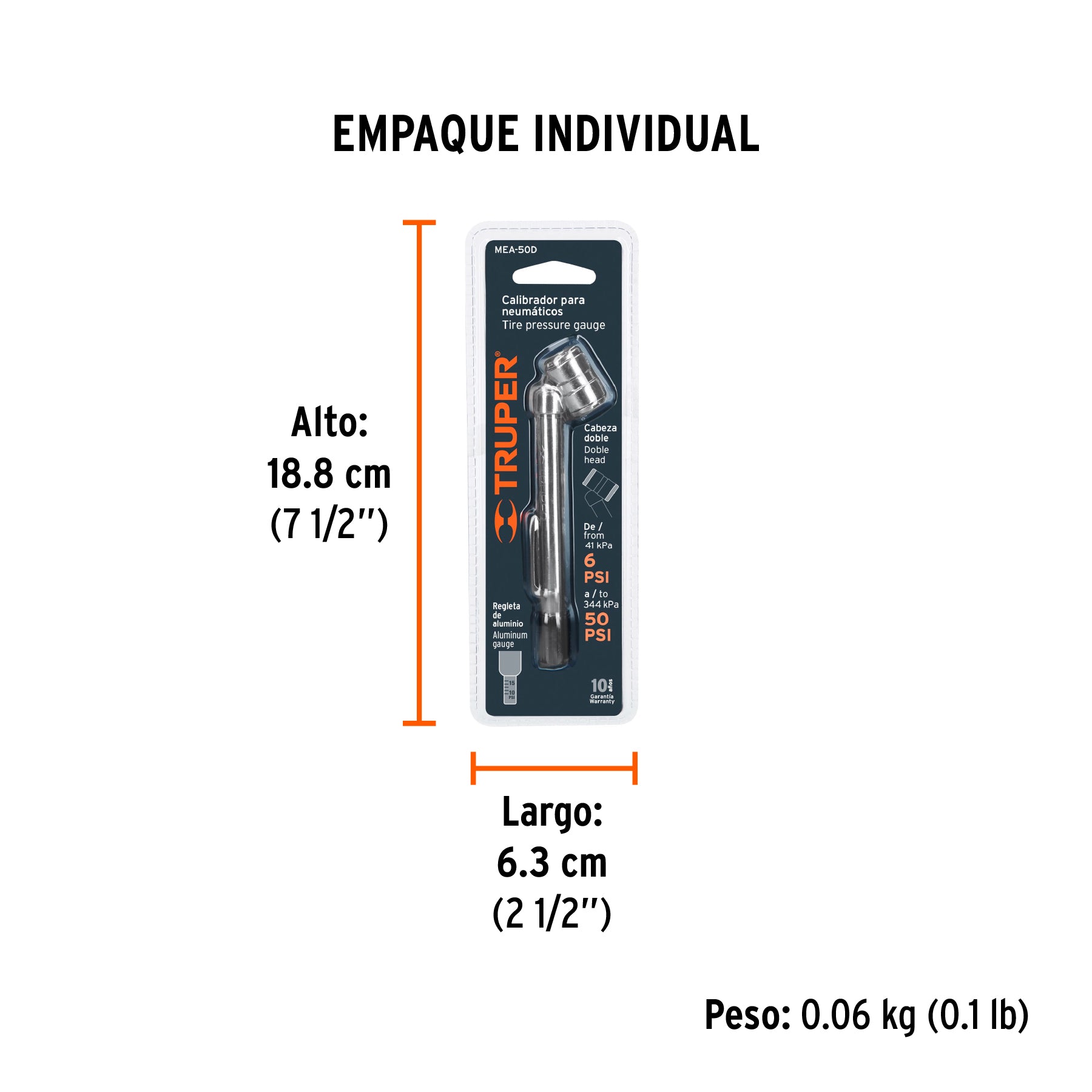 Calibrador de presión 50 psi cabeza doble, TRUPER - Empaque