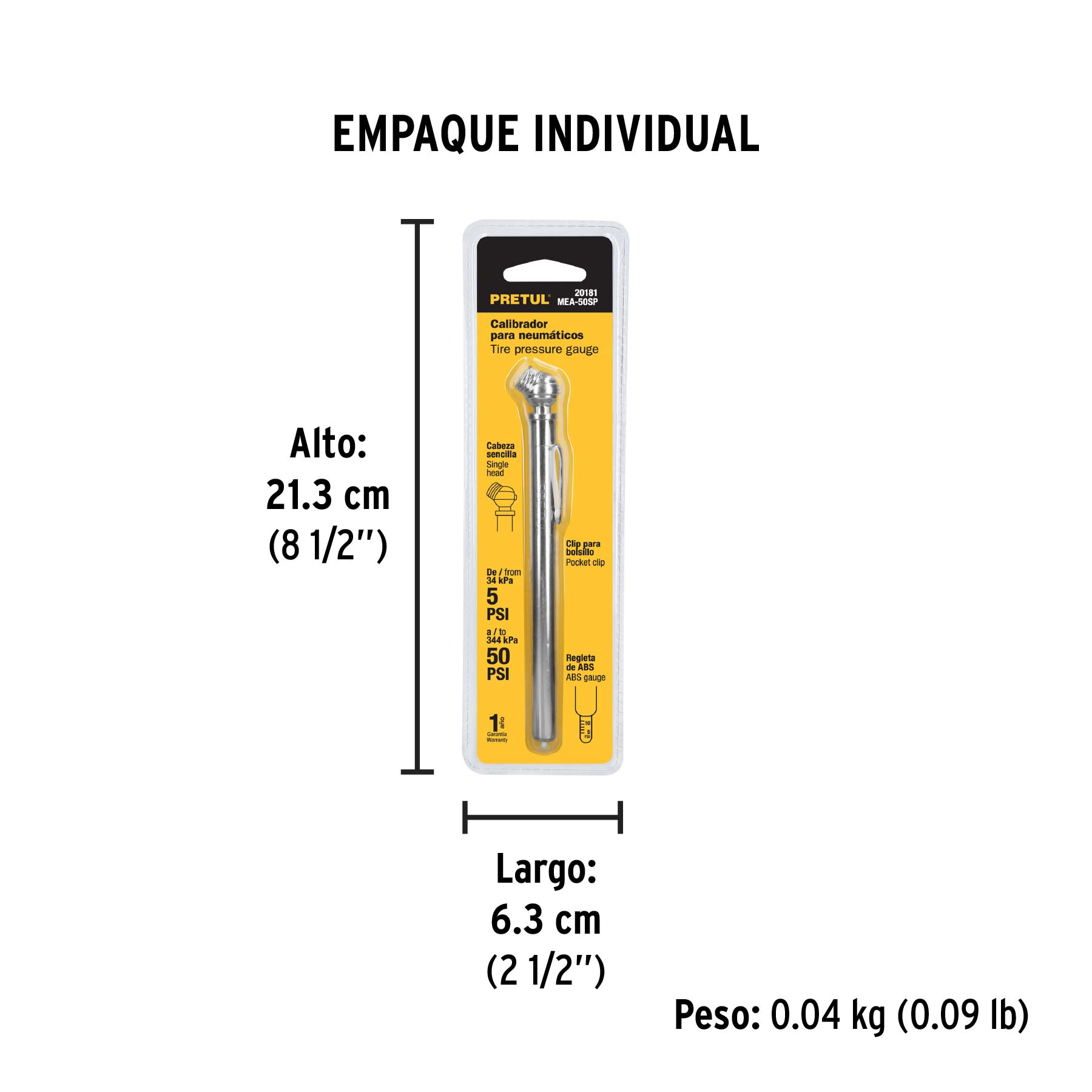 Calibrador de presión 50 psi, cabeza sencilla, PRETUL - Empaque