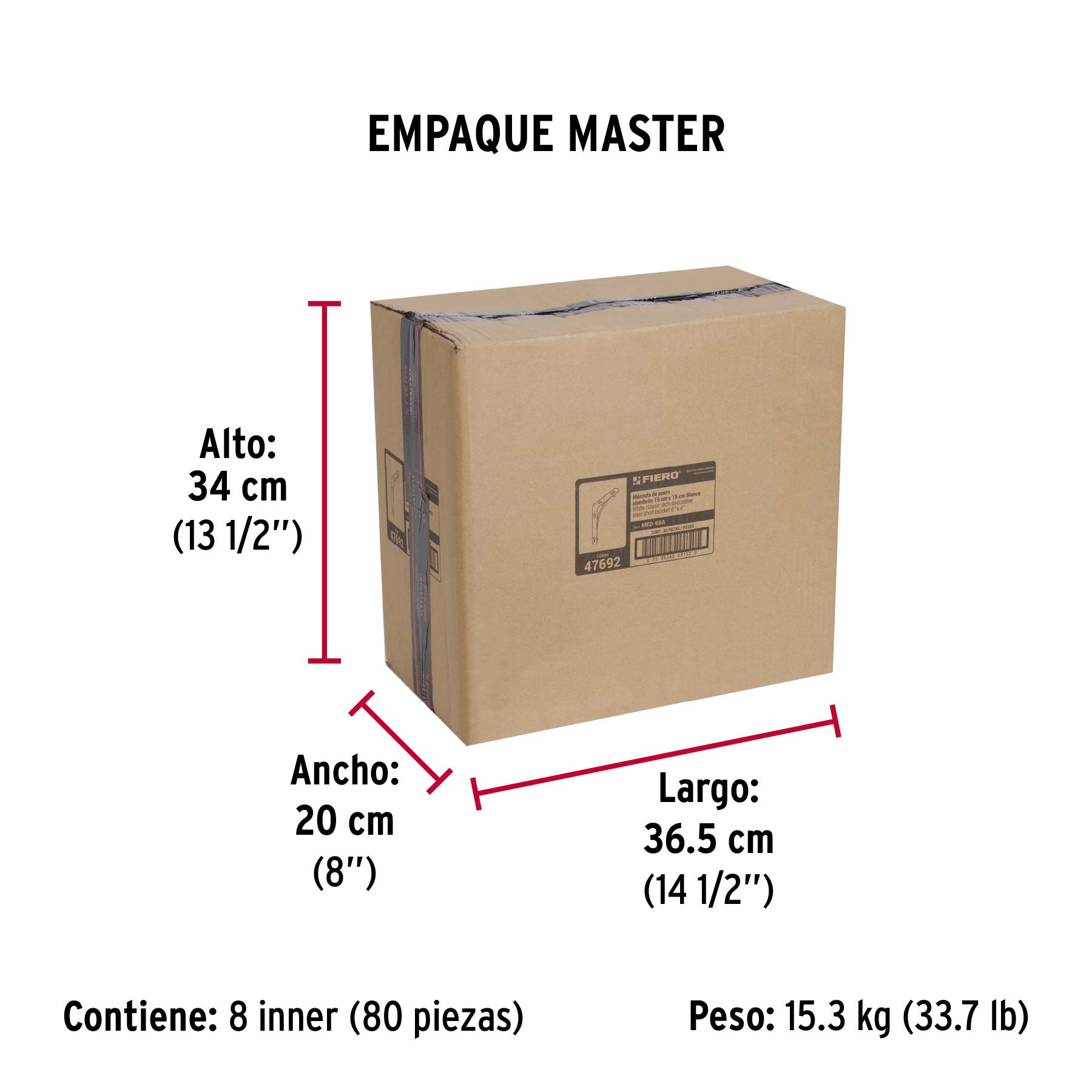 Ménsula reforzada blanca 6 x 6", diseño alambrón, FIERO - Empaque