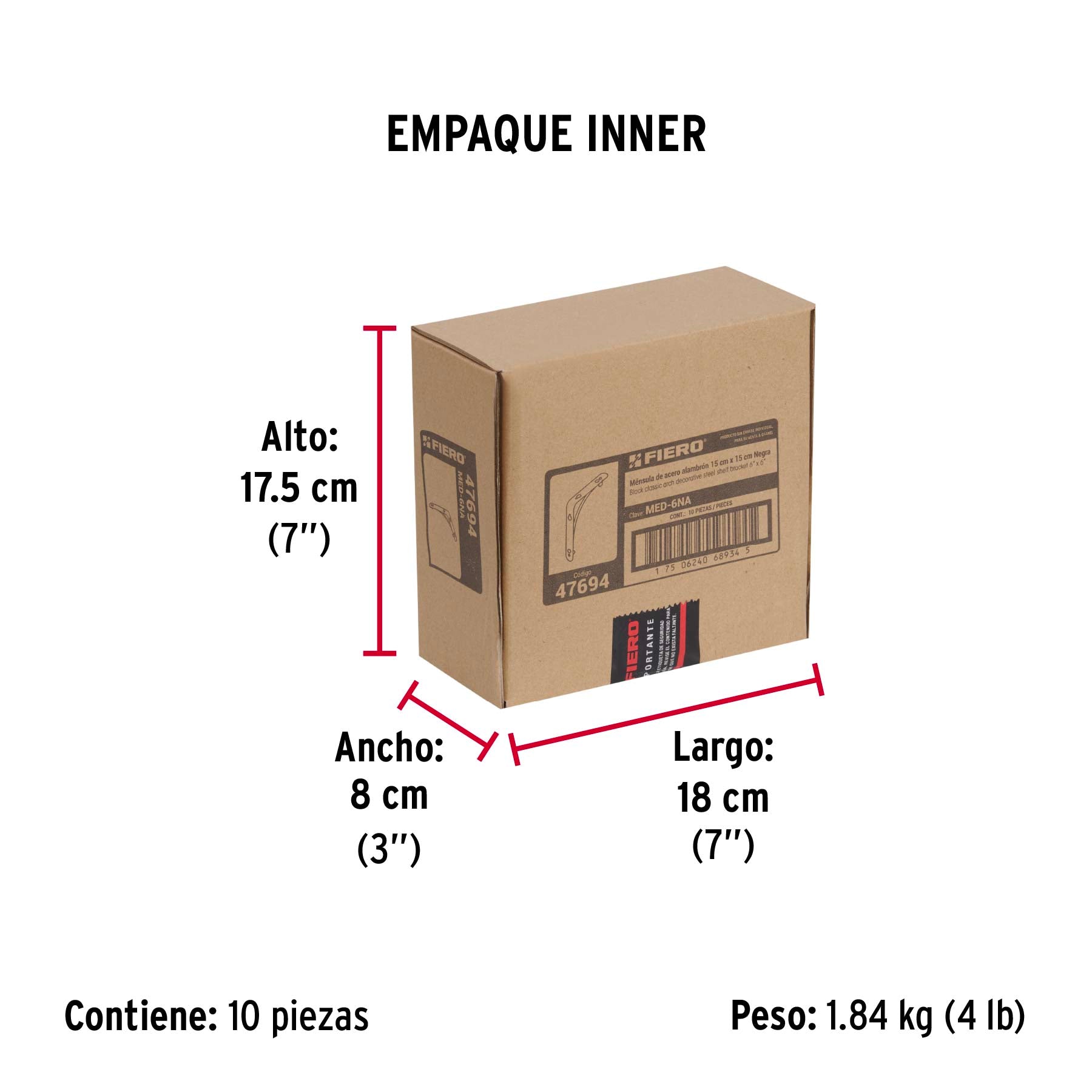 Ménsula reforzada negra 6 x 6", diseño alambrón, FIERO - Empaque