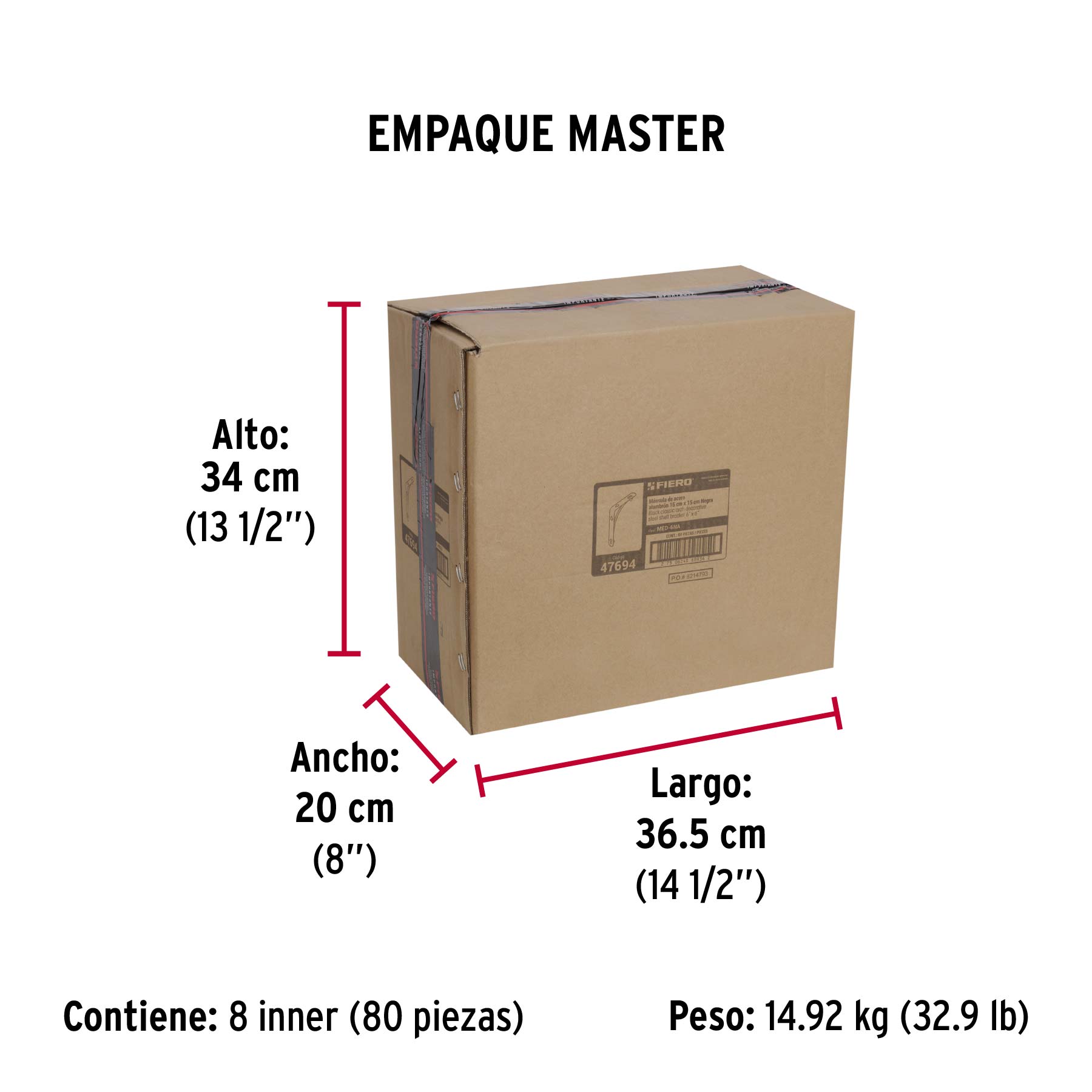 Ménsula reforzada negra 6 x 6", diseño alambrón, FIERO - Empaque