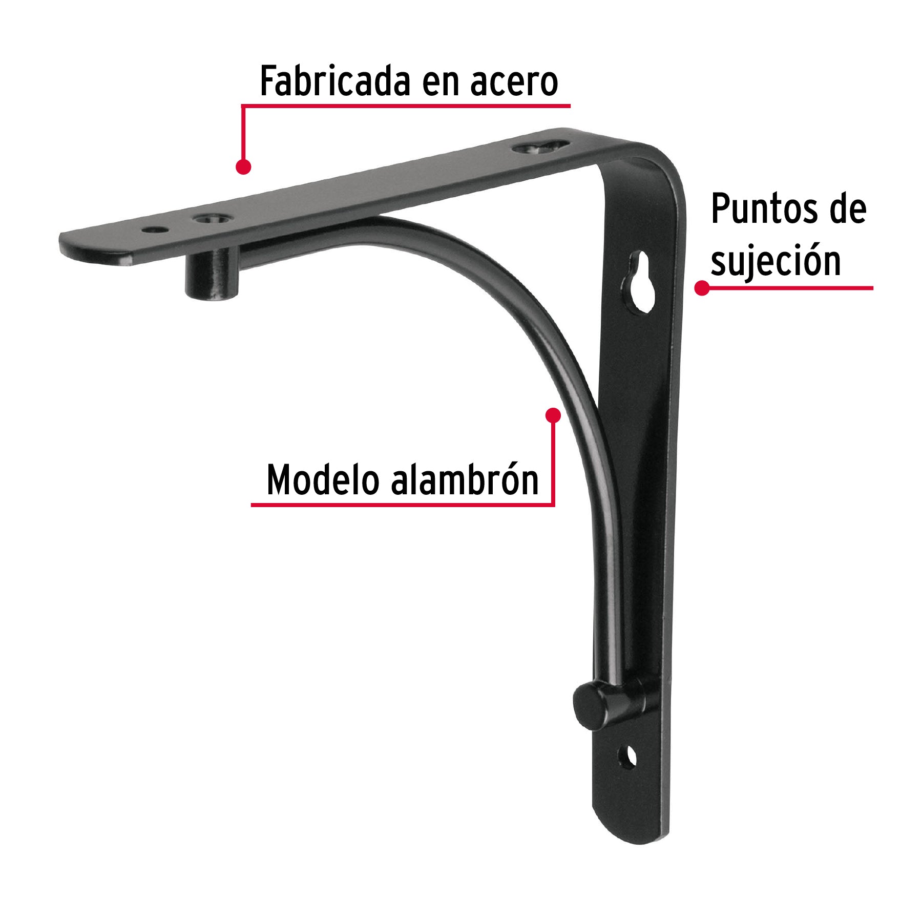 Ménsula reforzada negra 6 x 6", diseño alambrón, FIERO
