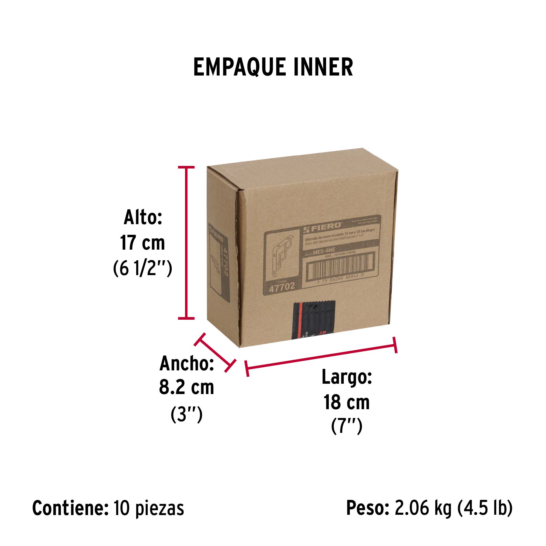 Ménsula reforzada negra 6 x 6", diseño escalera, FIERO - Empaque