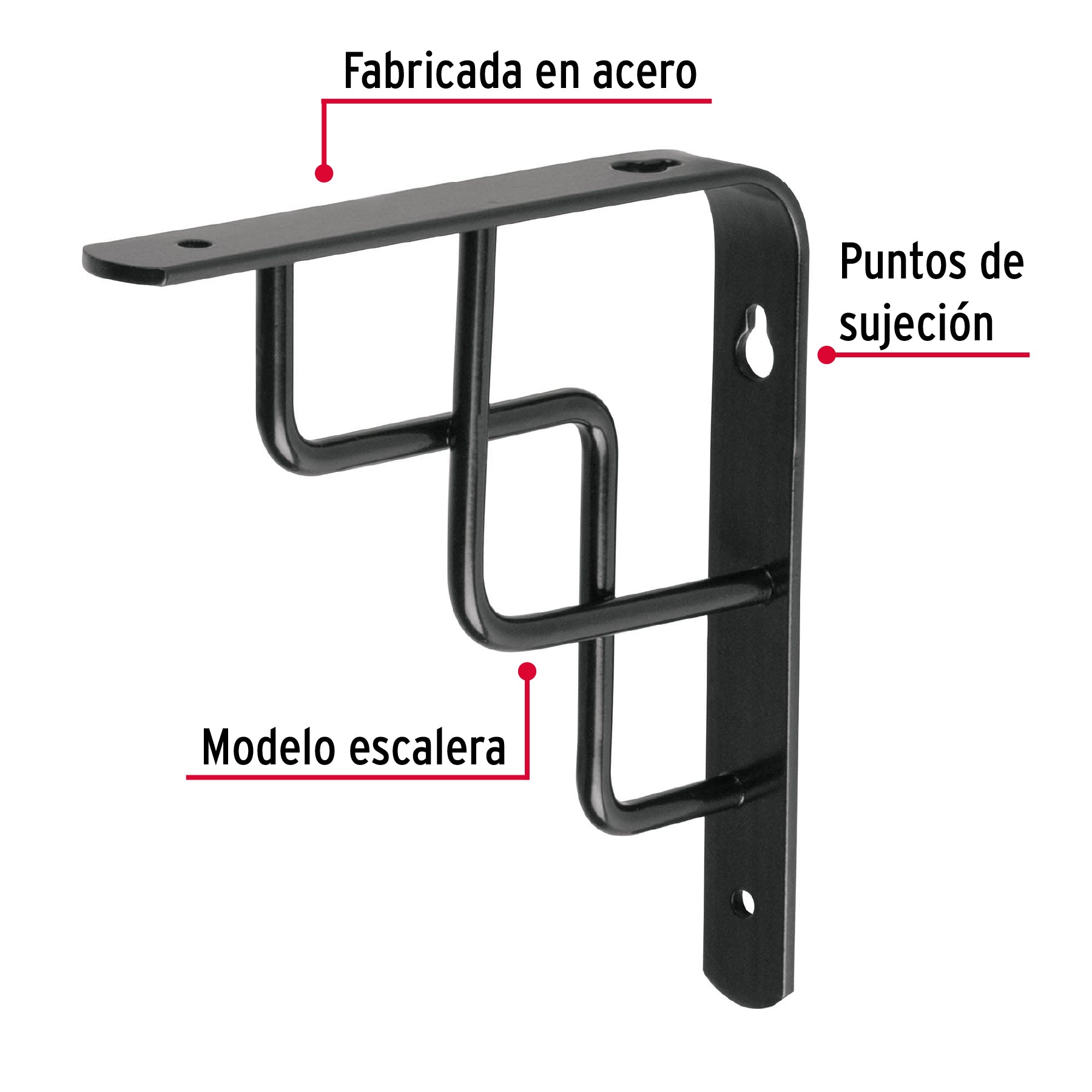 Ménsula reforzada negra 6 x 6", diseño escalera, FIERO