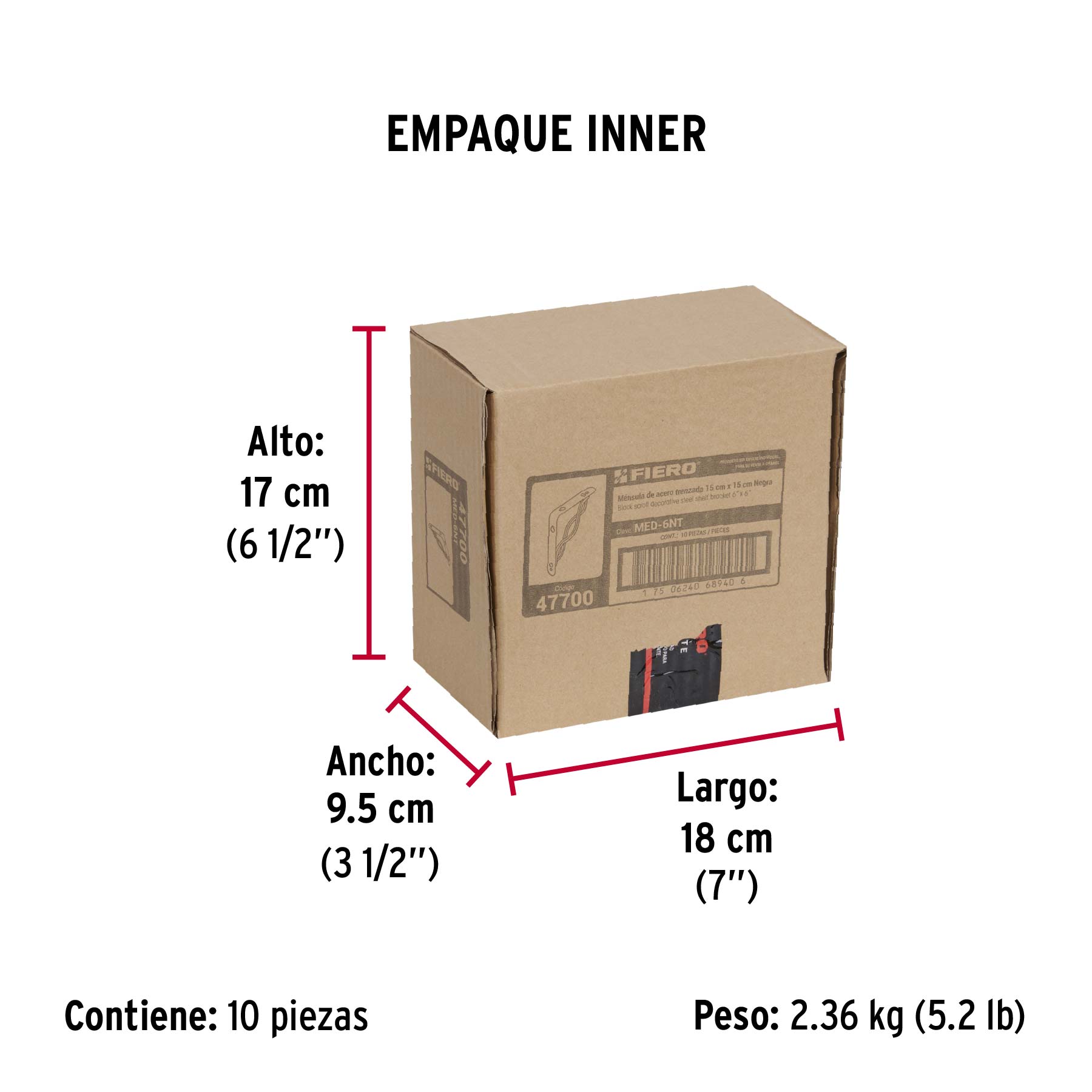 Ménsula reforzada negra 6 x 6", diseño trenza, FIERO - Empaque