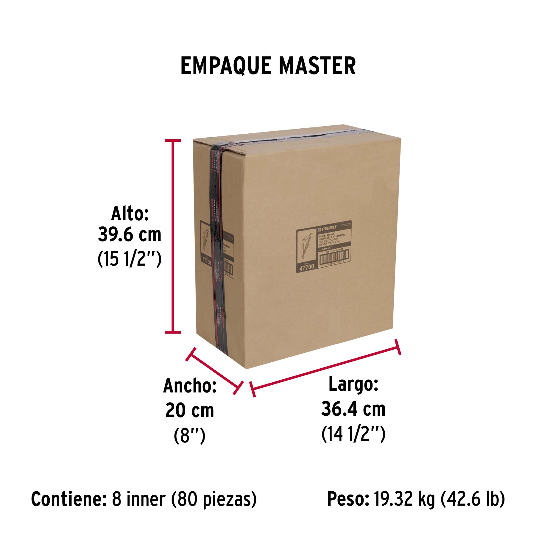 Ménsula reforzada negra 6 x 6", diseño trenza, FIERO - Empaque