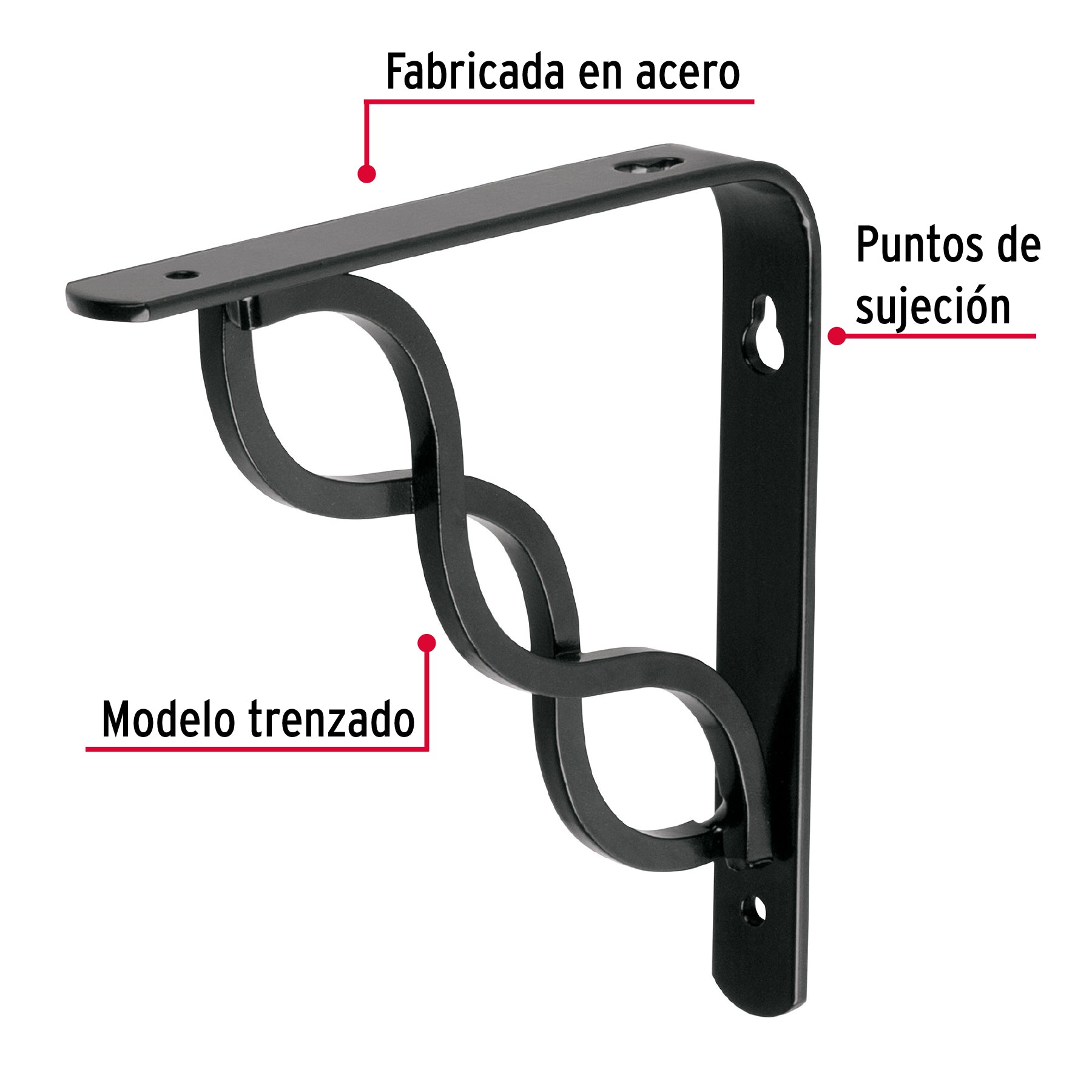 Ménsula reforzada negra 6 x 6", diseño trenza, FIERO