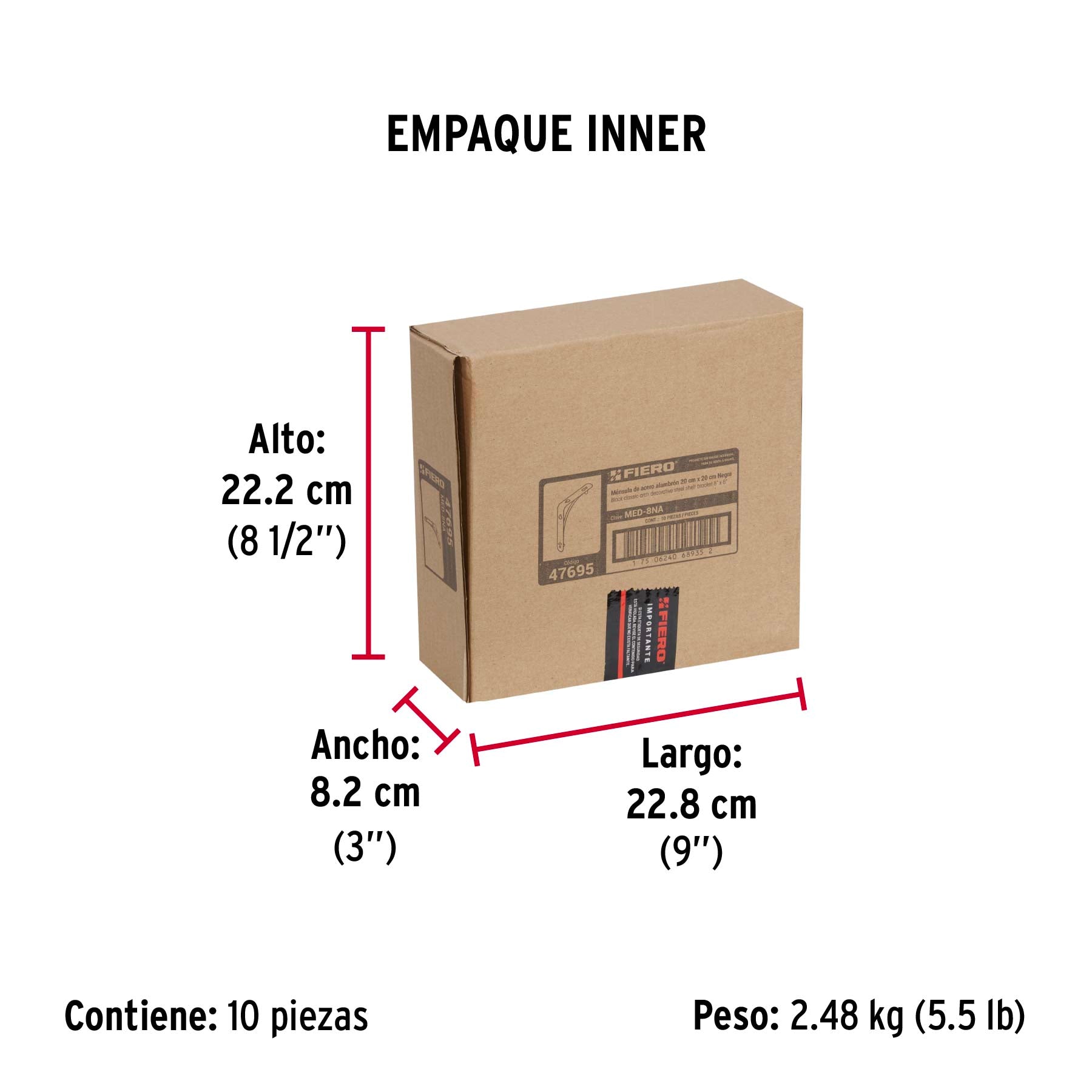 Ménsula reforzada negra 8 x 8", diseño alambrón, FIERO - Empaque
