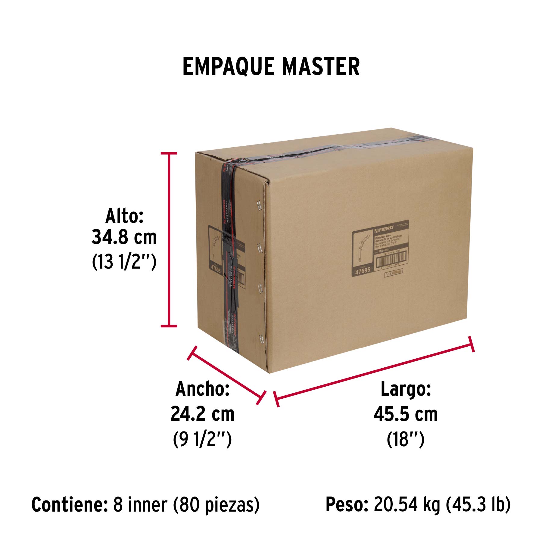 Ménsula reforzada negra 8 x 8", diseño alambrón, FIERO - Empaque