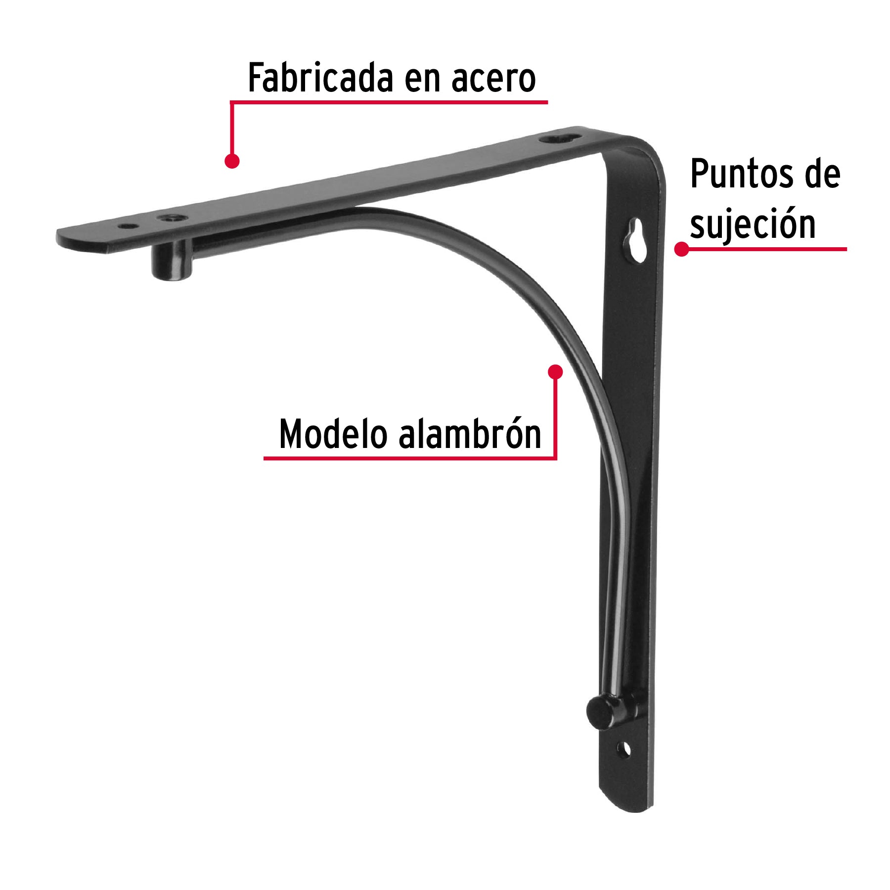 Ménsula reforzada negra 8 x 8", diseño alambrón, FIERO