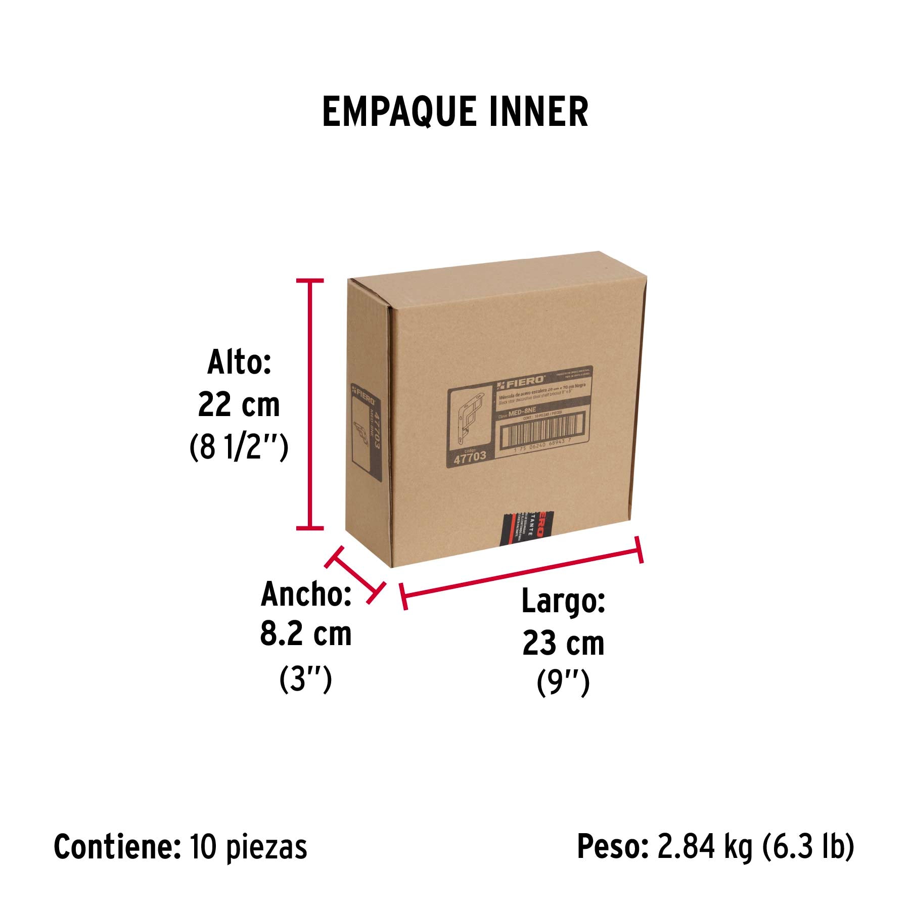 Ménsula reforzada negra 8 x 8", diseño escalera, FIERO - Empaque