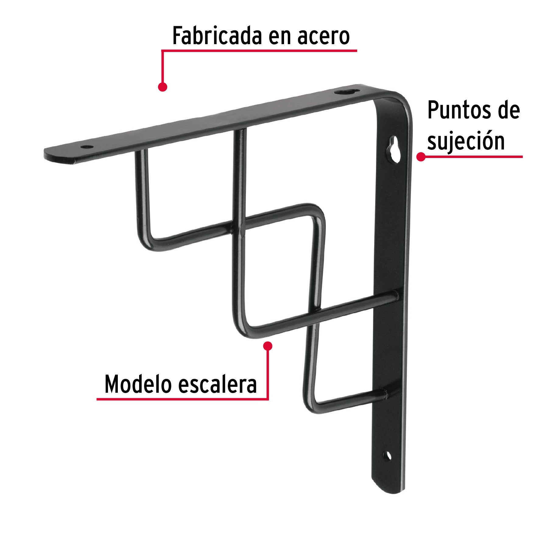 Ménsula reforzada negra 8 x 8", diseño escalera, FIERO