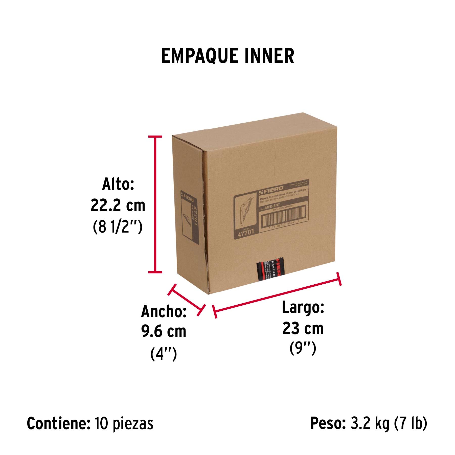 Ménsula reforzada negra 8 x 8", diseño trenza, FIERO - Empaque