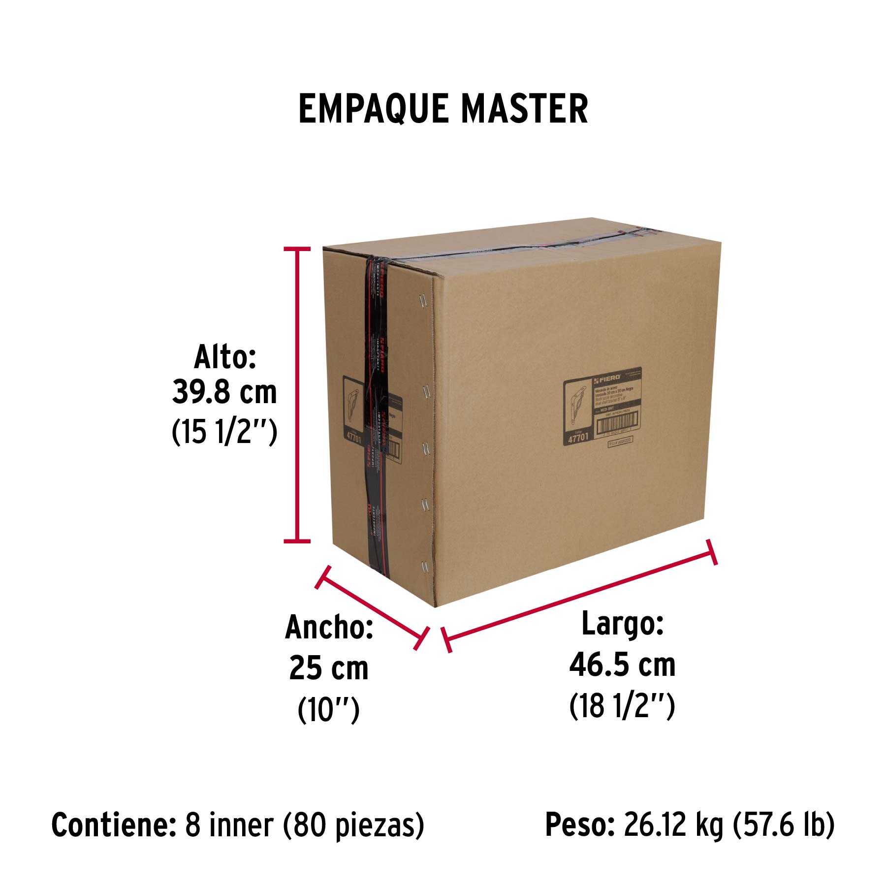 Ménsula reforzada negra 8 x 8", diseño trenza, FIERO - Empaque