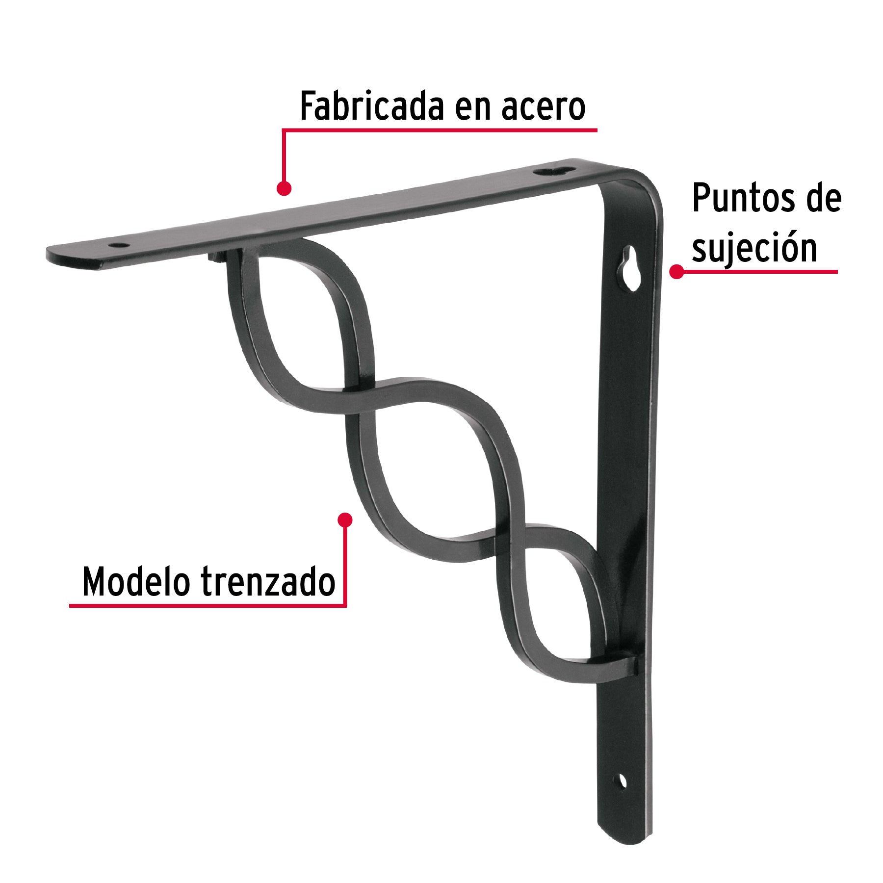 Ménsula reforzada negra 8 x 8", diseño trenza, FIERO