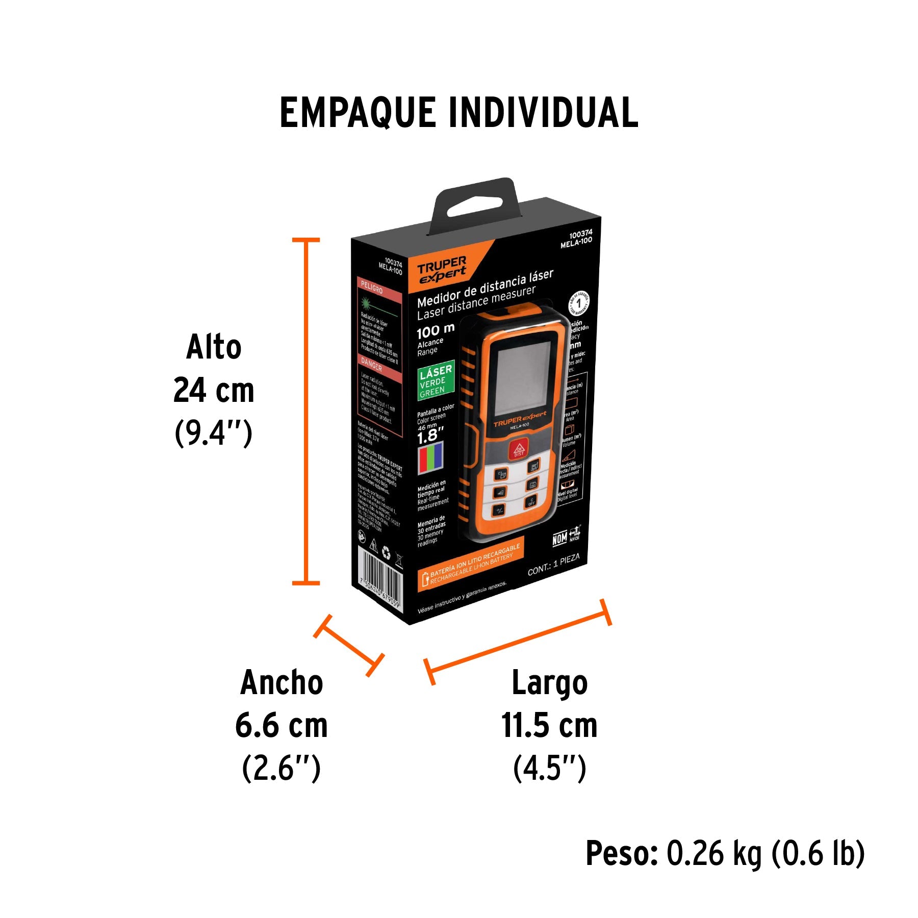 Medidor láser de distancia de 0.05 m a 100 m, TRUPER - Empaque