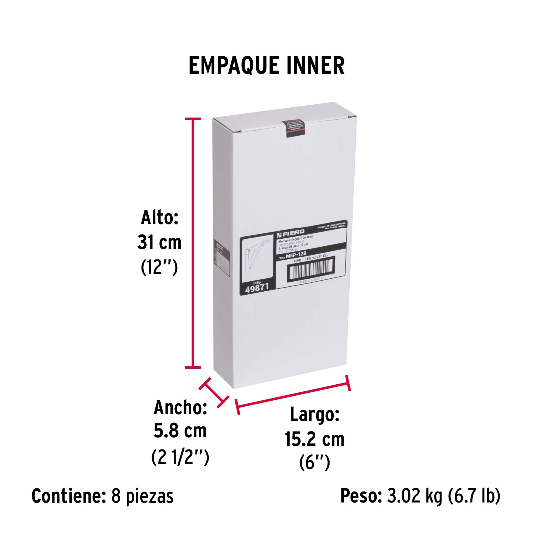 Ménsula plegable de acero blanca 6" x 12", FIERO - Empaque