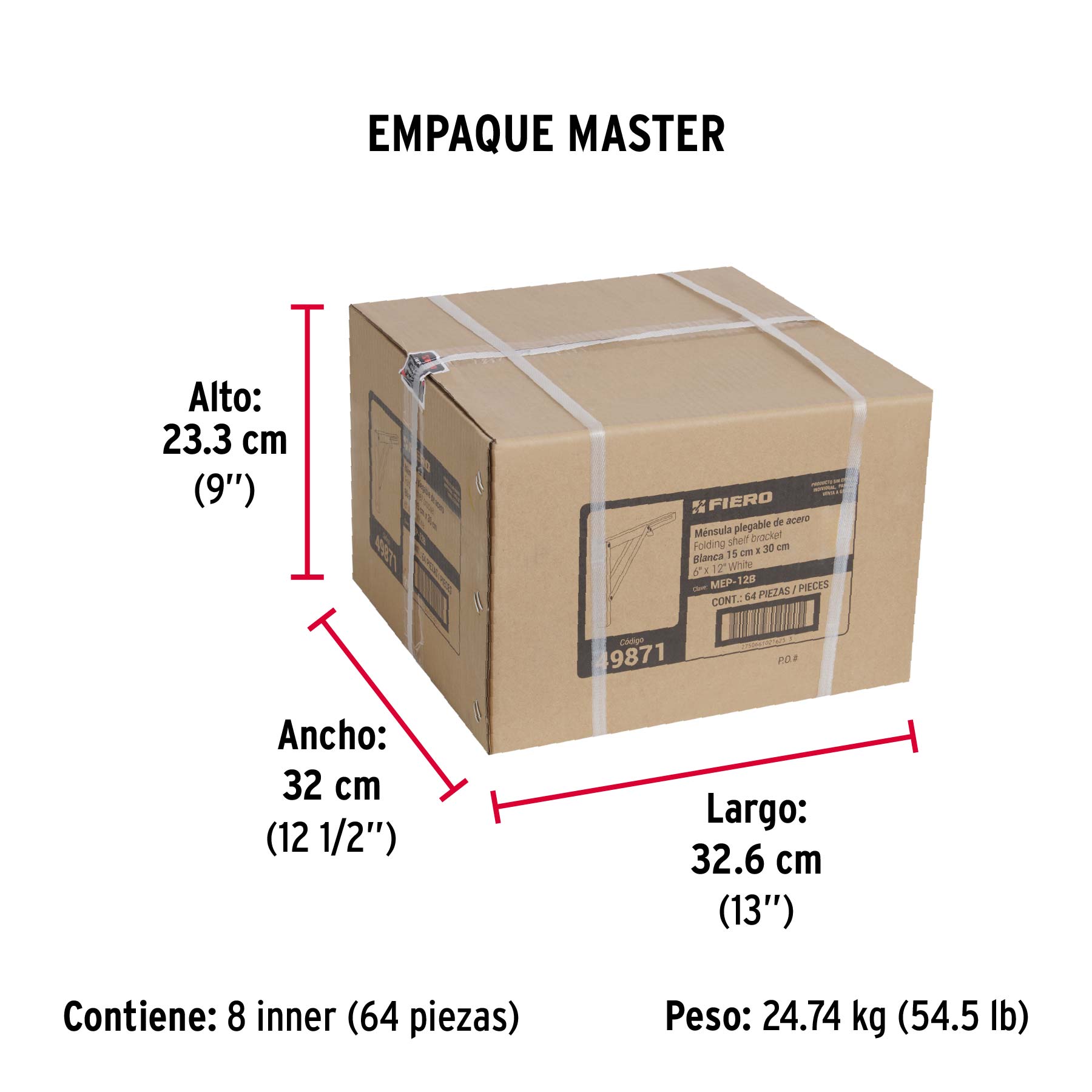Ménsula plegable de acero blanca 6" x 12", FIERO - Empaque