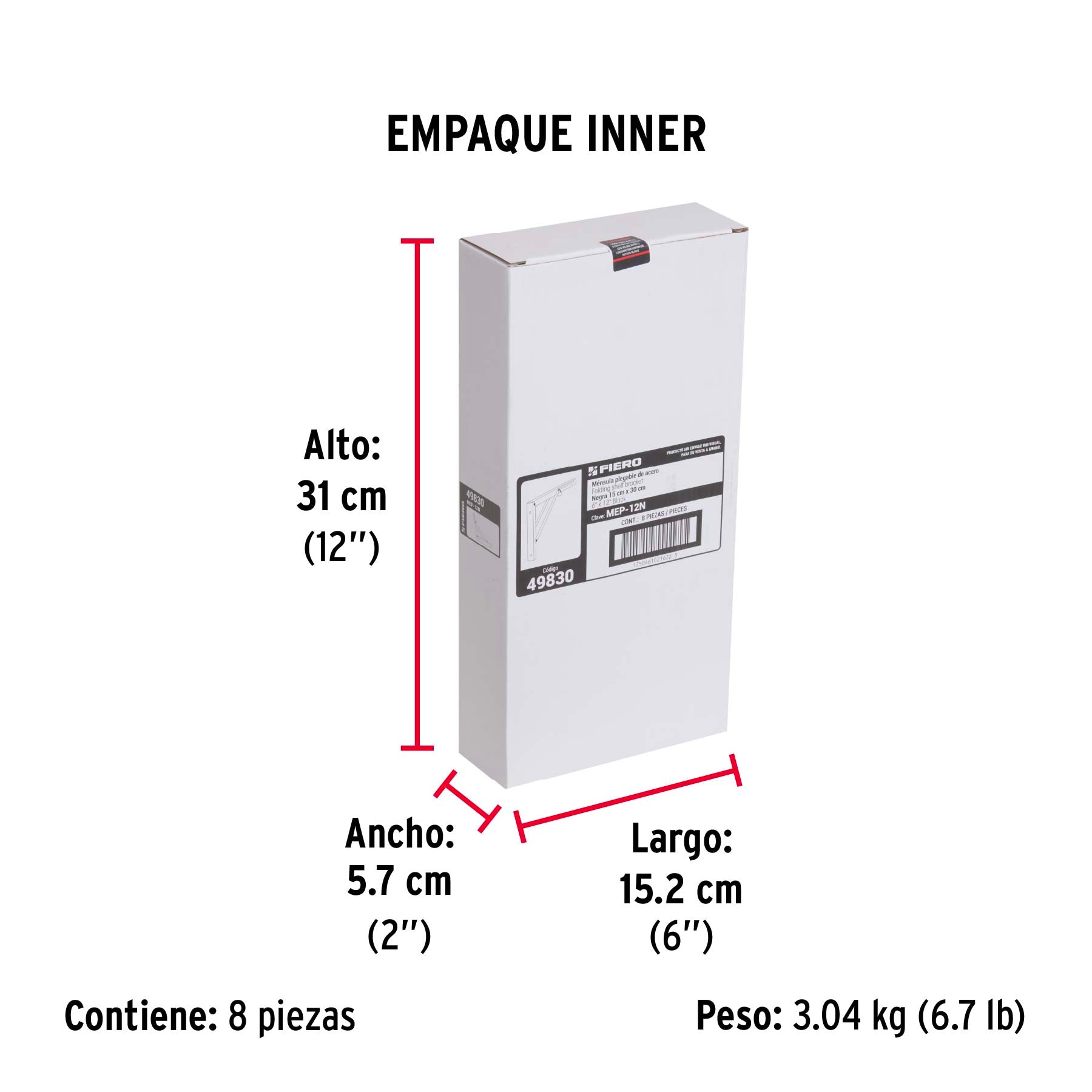 Ménsula plegable de acero negra 6" x 12", FIERO - Empaque