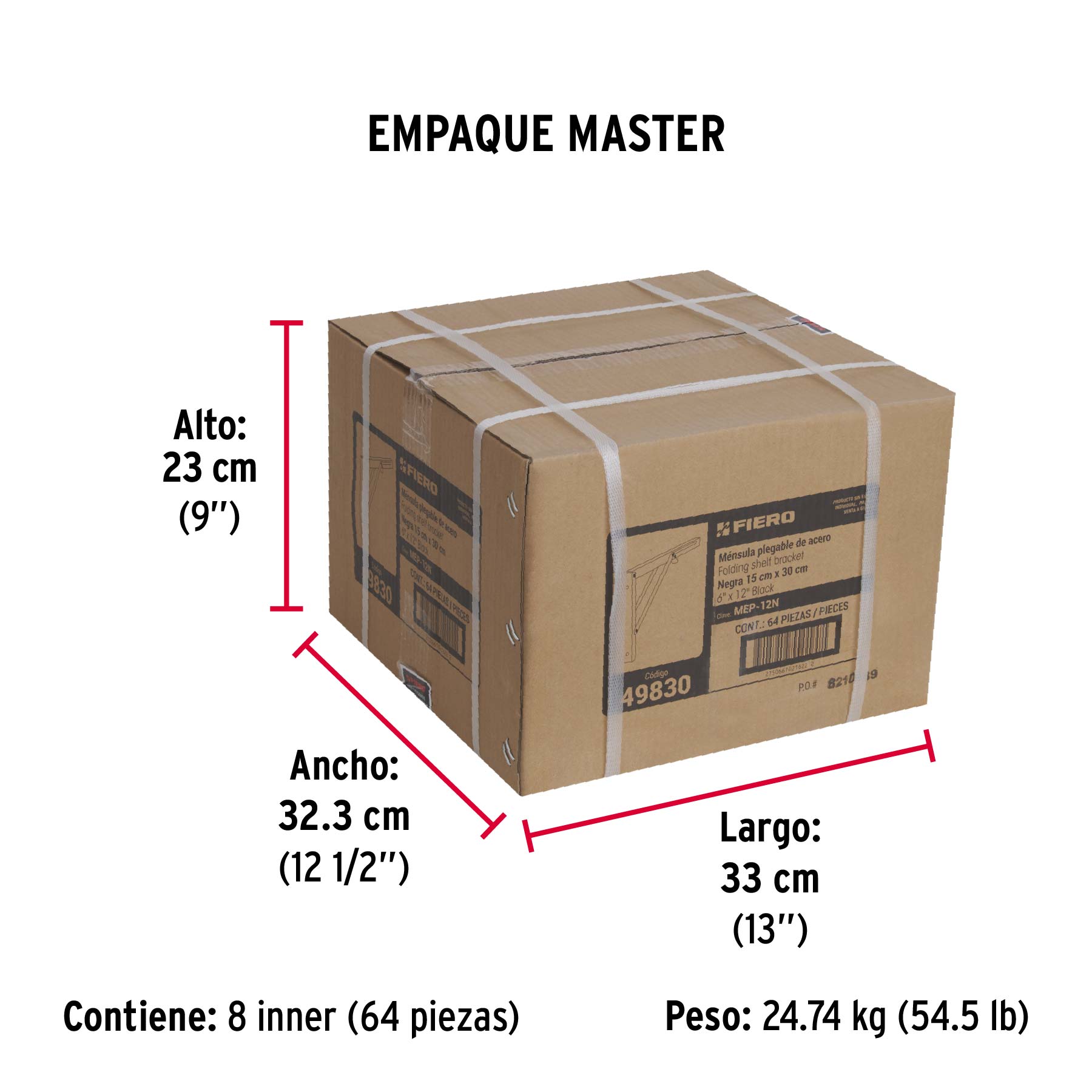 Ménsula plegable de acero negra 6" x 12", FIERO - Empaque
