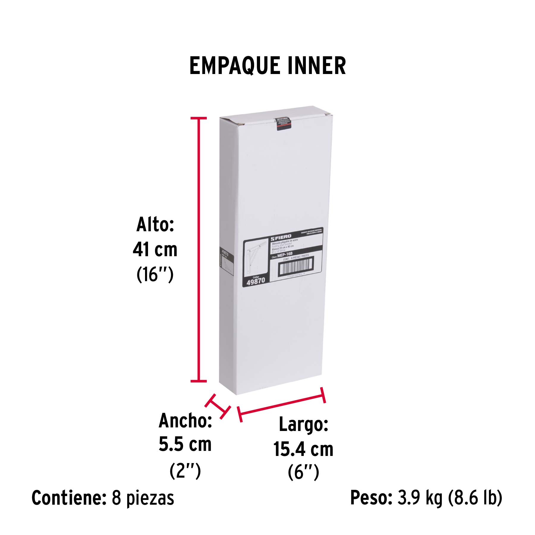 Ménsula plegable de acero blanca 8" x 16", FIERO - Empaque