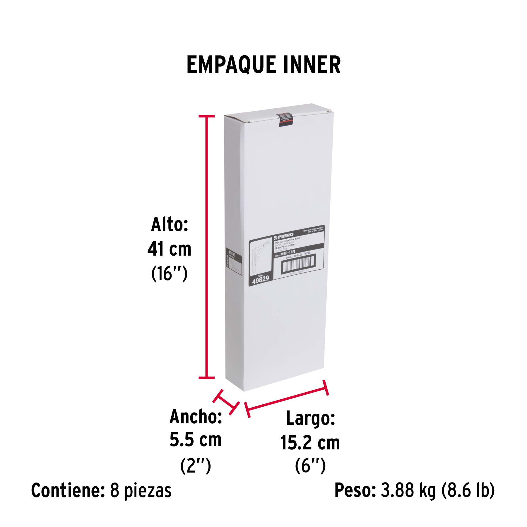 Ménsula plegable de acero negra 8" x 16", FIERO - Empaque