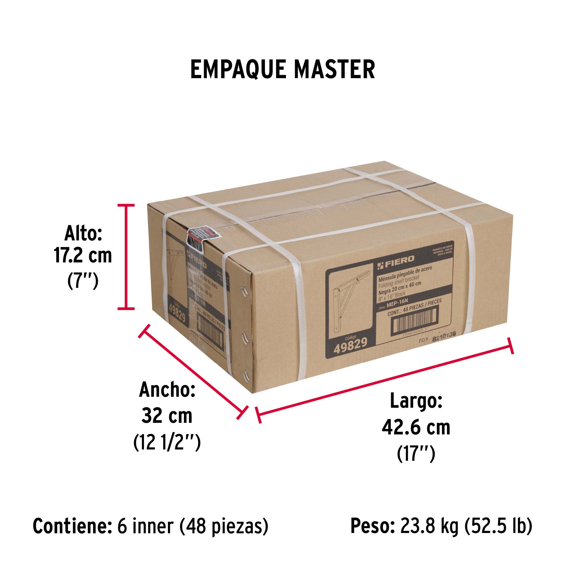 Ménsula plegable de acero negra 8" x 16", FIERO - Empaque