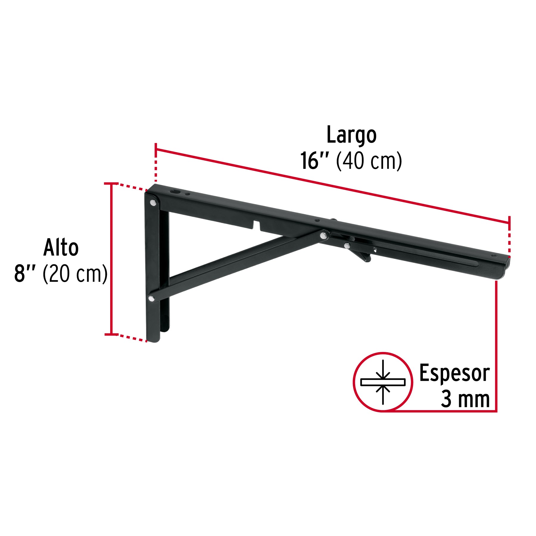 Ménsula plegable de acero negra 8" x 16", FIERO
