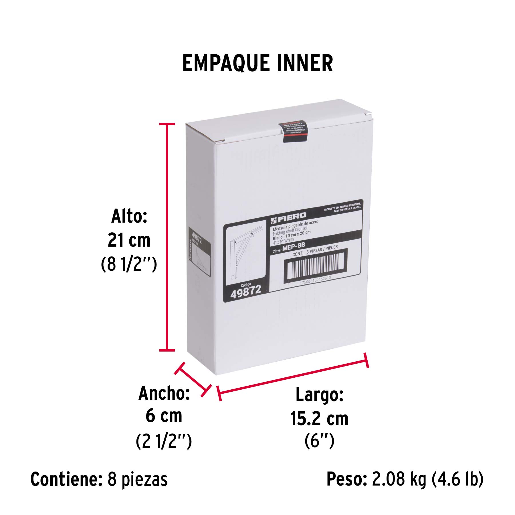 Ménsula plegable de acero blanca 4" x 8", FIERO - Empaque
