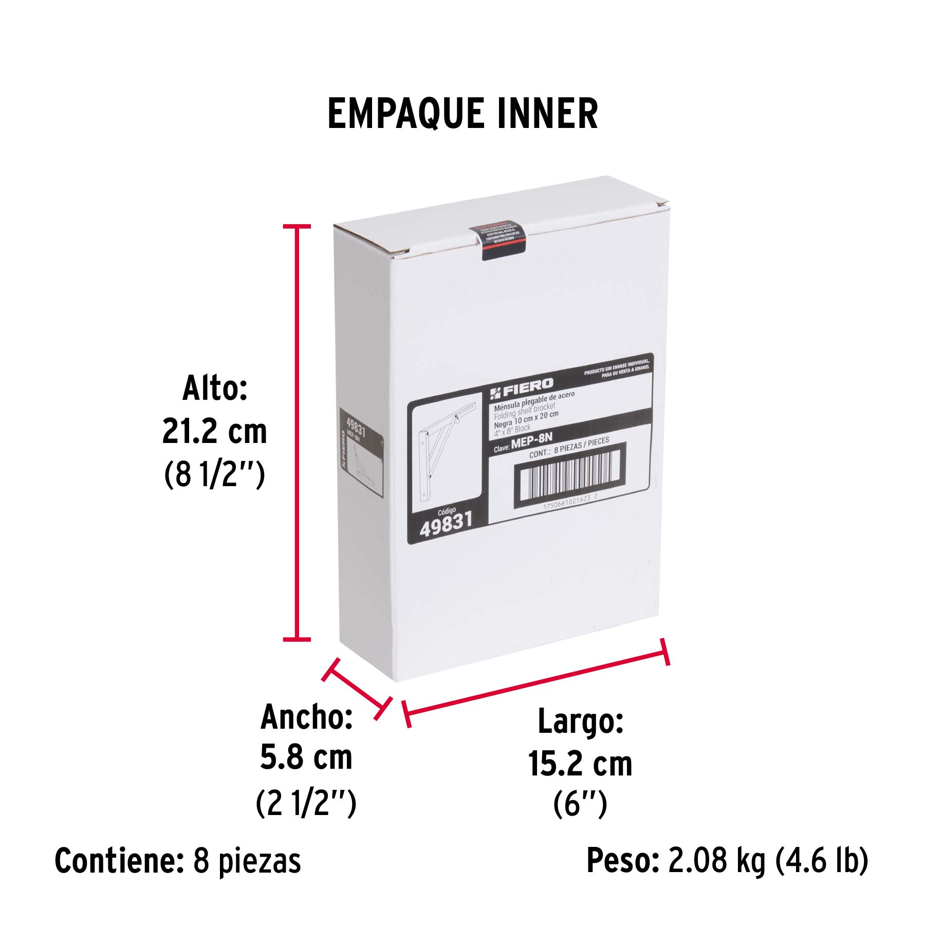 Ménsula plegable de acero negra 4" x 8", FIERO - Empaque