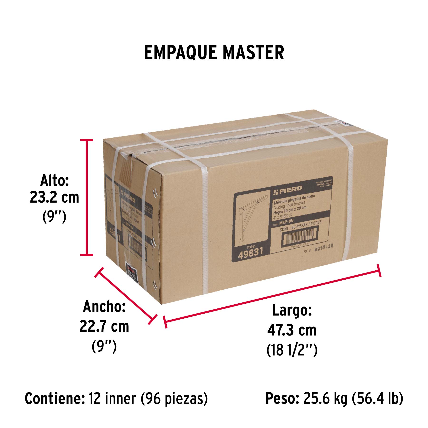 Ménsula plegable de acero negra 4" x 8", FIERO - Empaque