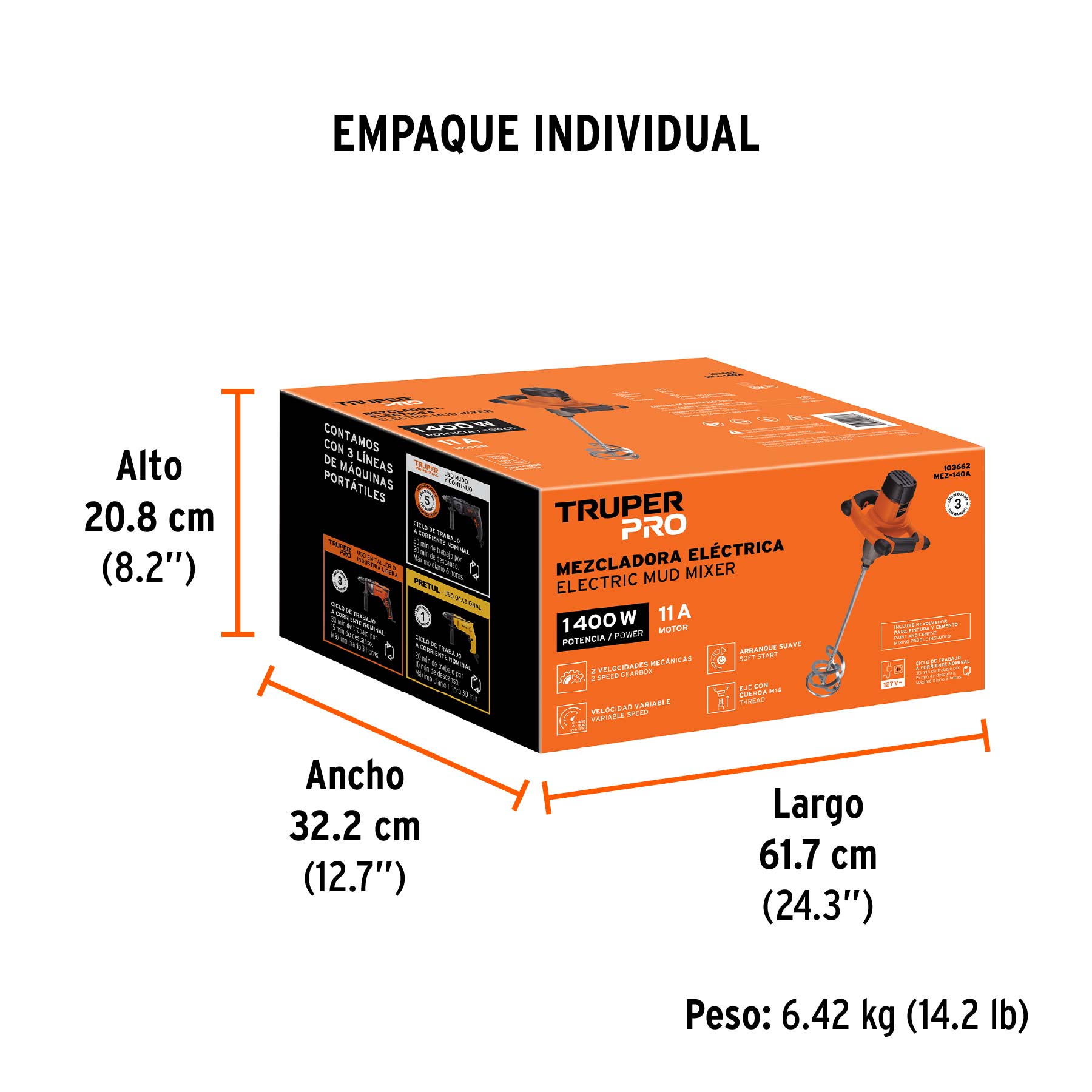Mezcladora eléctrica 1400W, TRUPER PRO - Empaque