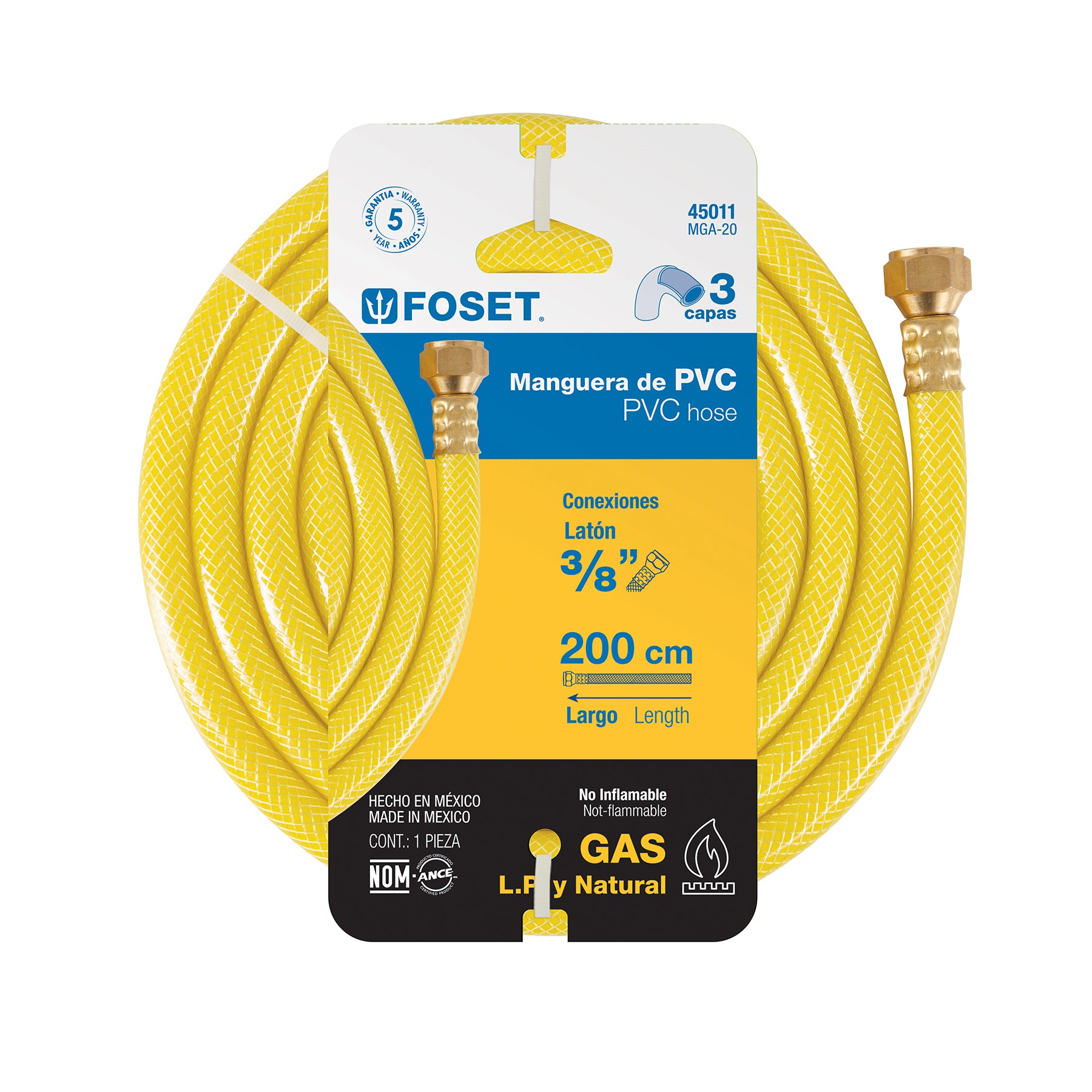 Manguera para gas, PVC amarilla, 3/8" flare, 2 m, FOSET