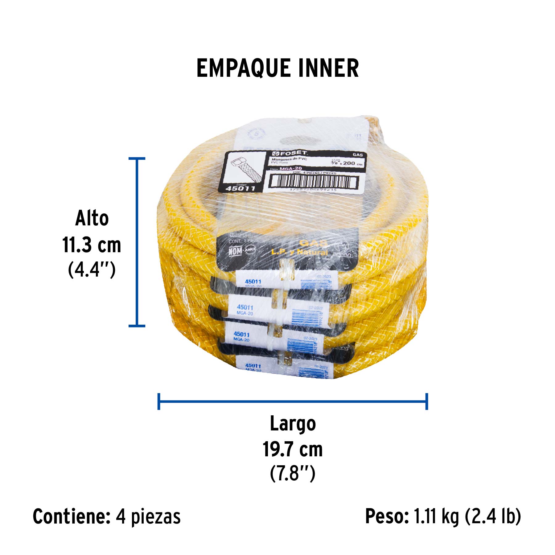 Manguera para gas, PVC amarilla, 3/8" flare, 2 m, FOSET - Empaque