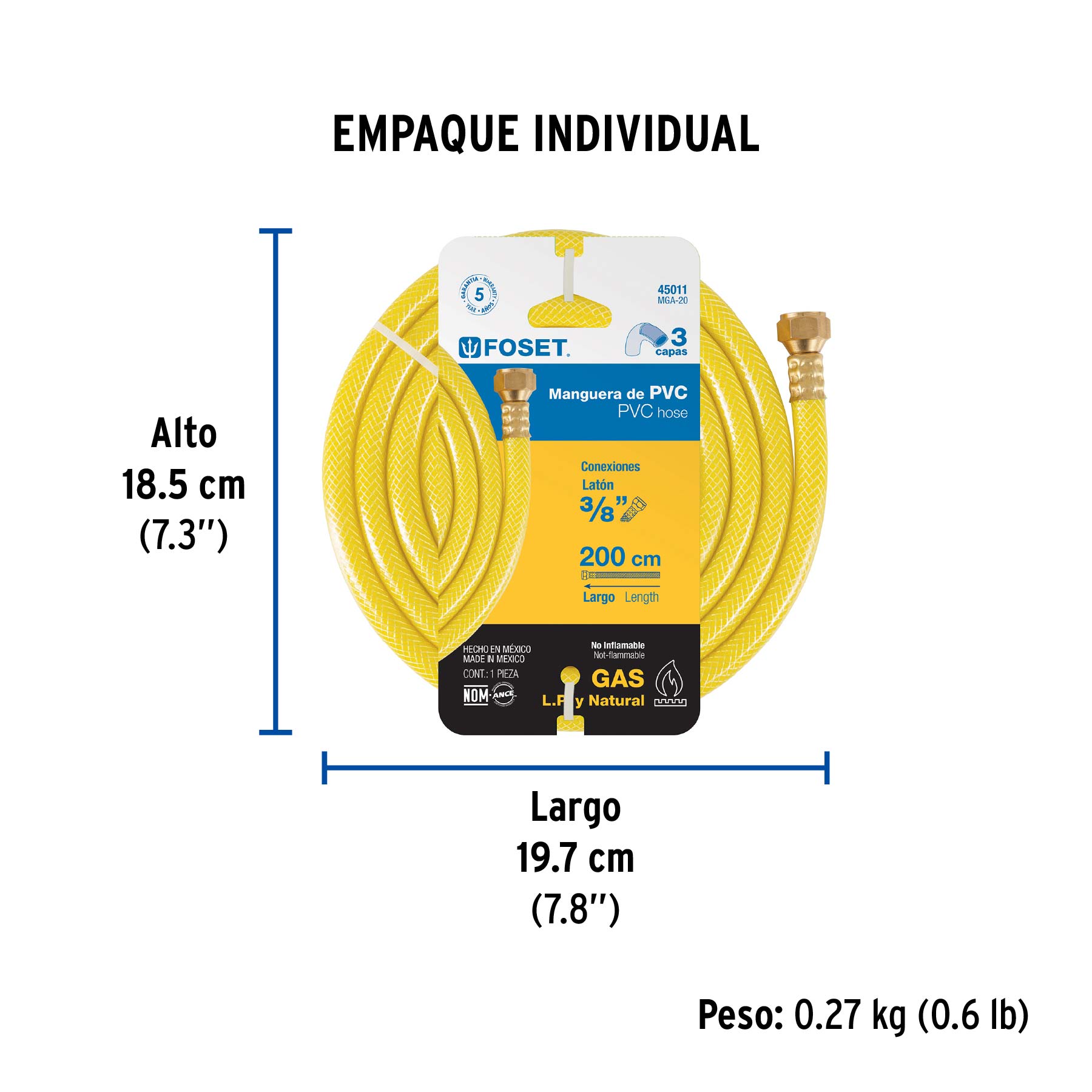 Manguera para gas, PVC amarilla, 3/8" flare, 2 m, FOSET - Empaque