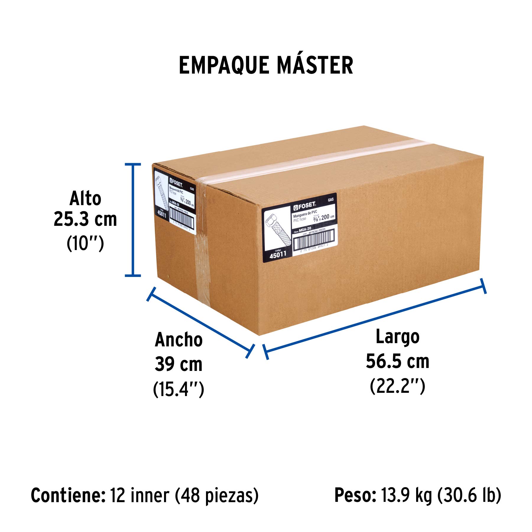 Manguera para gas, PVC amarilla, 3/8" flare, 2 m, FOSET - Empaque