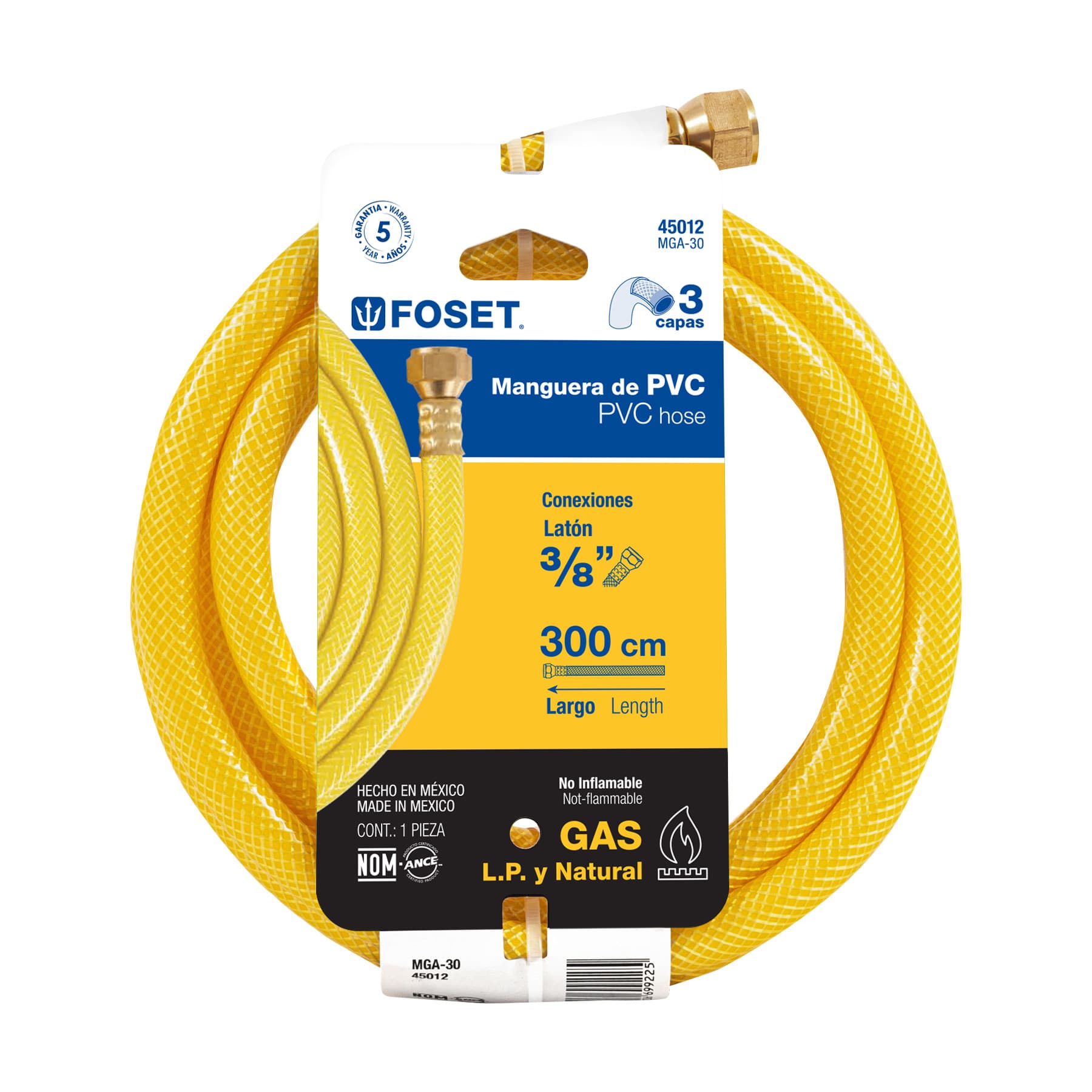 Manguera para gas, PVC amarilla, 3/8" flare, 3 m, FOSET