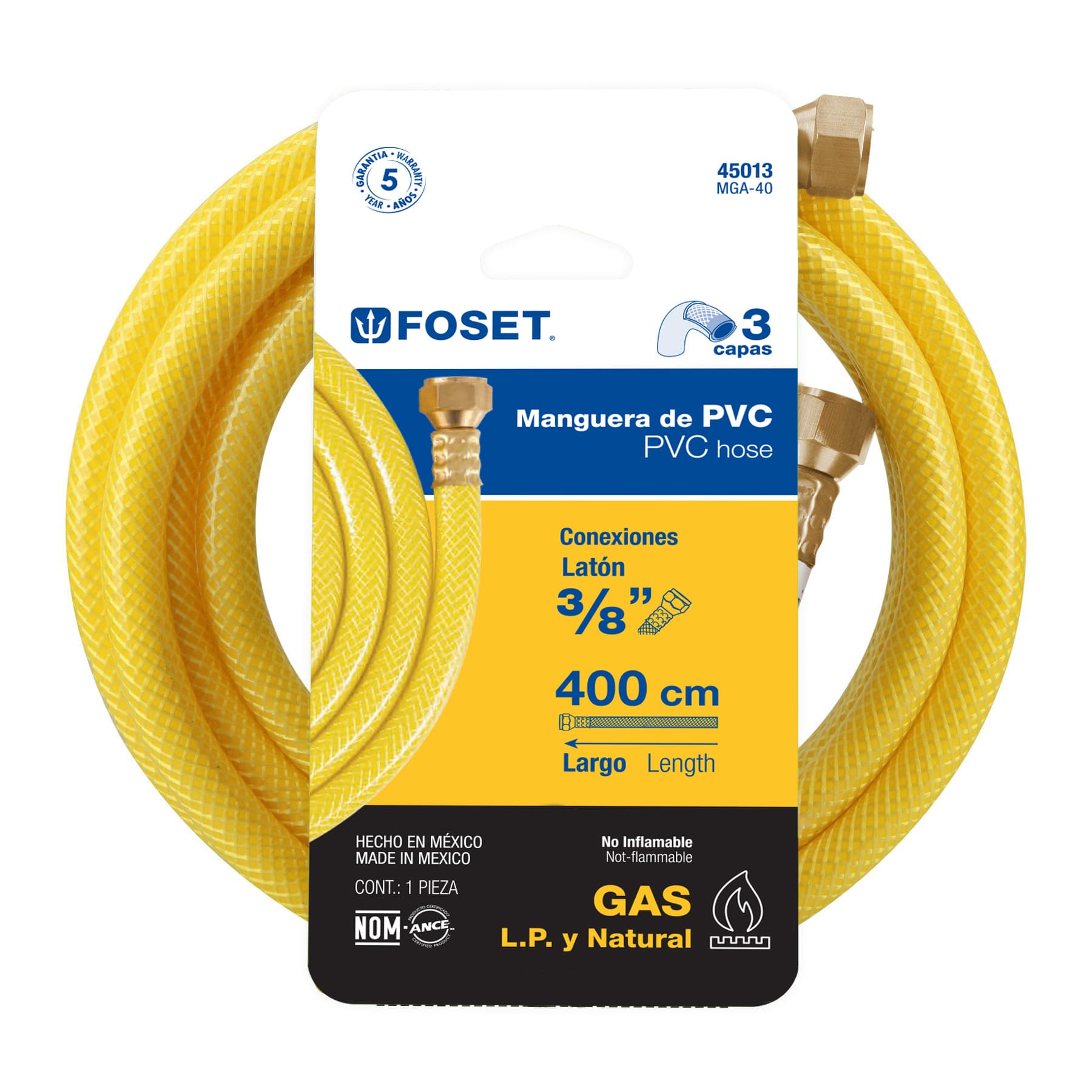 Manguera para gas, PVC amarilla, 3/8"flare, 4 m, FOSET