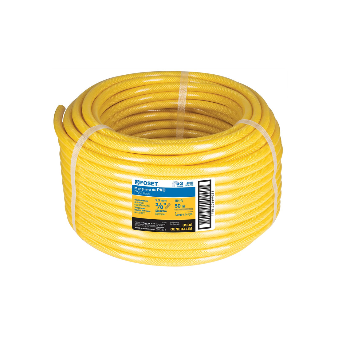 Manguera para gas, PVC amarilla, 3/8" s/conexión, 50 m,FOSET